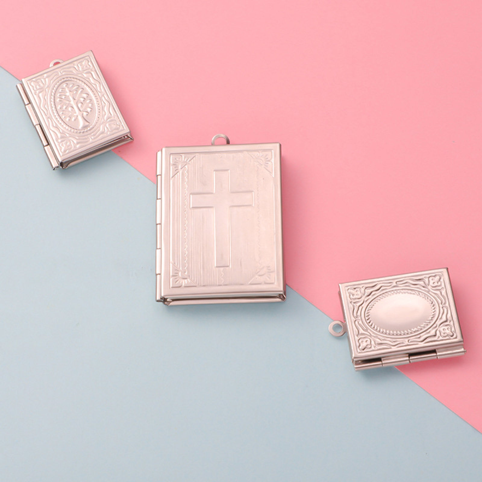 Picture of 304 Stainless Steel Picture Photo Frame Locket Charms Silver Tone Book Heart Can Open