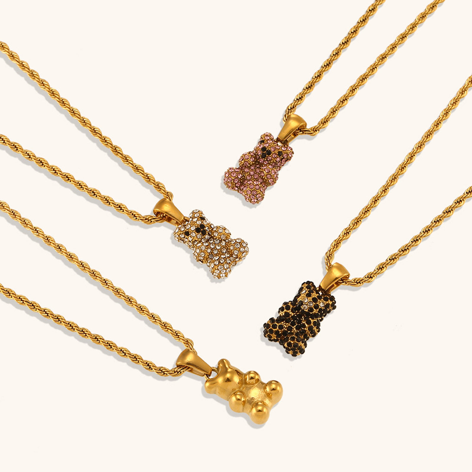 Picture of Eco-friendly Simple & Casual Cute 18K Real Gold Plated Stainless Steel & Cubic Zirconia Braided Rope Chain Bear Animal Pendant Necklace For Women