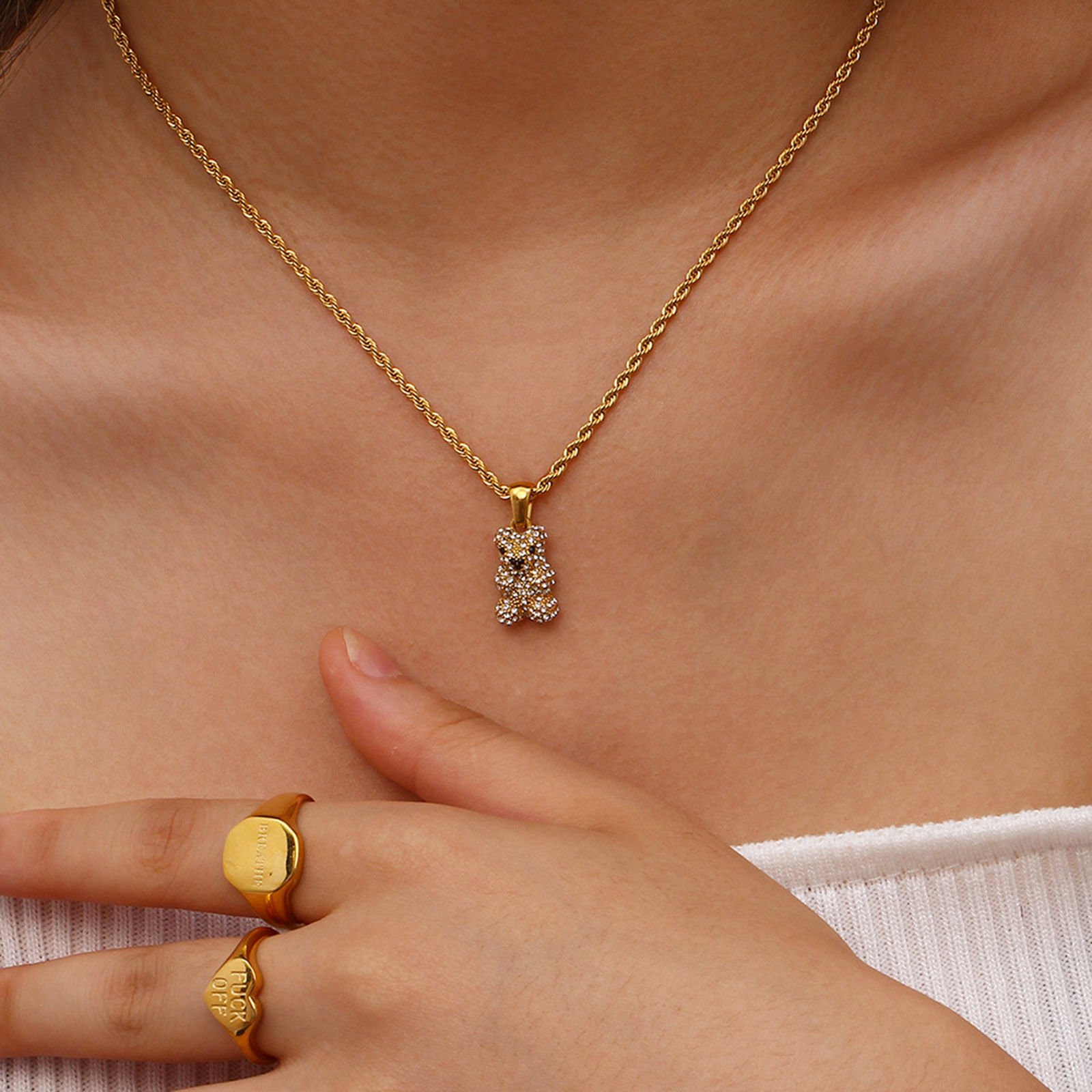 Picture of Eco-friendly Simple & Casual Cute 18K Real Gold Plated Stainless Steel & Cubic Zirconia Braided Rope Chain Bear Animal Pendant Necklace For Women