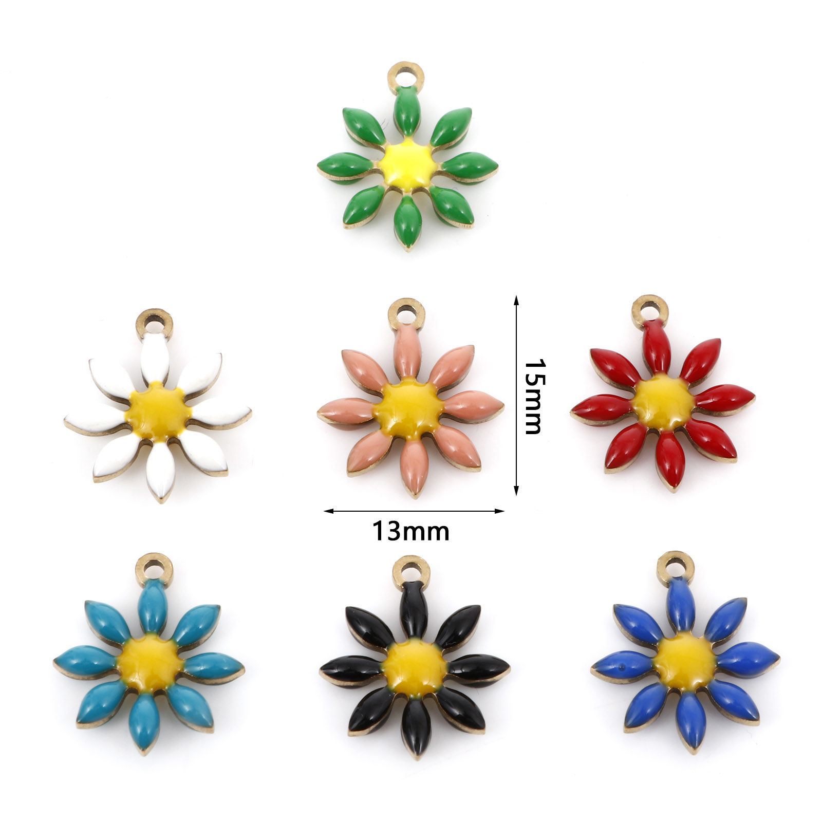Image de Breloques en 304 Acier Inoxydable Collection Végétale Doré Fleurs Émail Double Face 15mm x 13mm , 5 Pcs