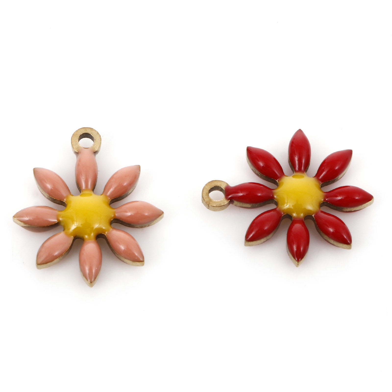 Image de Breloques en 304 Acier Inoxydable Collection Végétale Doré Fleurs Émail Double Face 15mm x 13mm , 5 Pcs