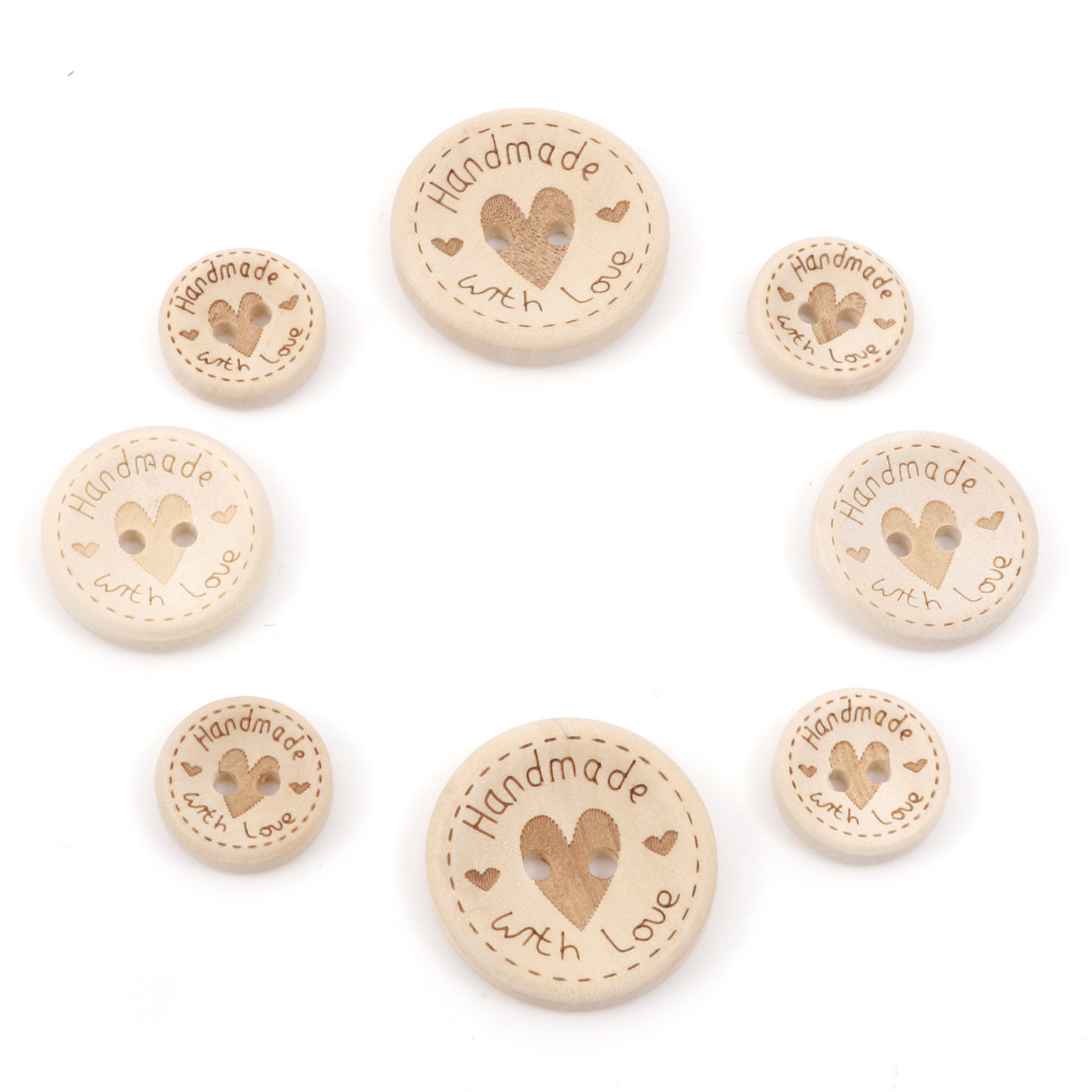 Bild von Holz Knöpfe für Aufnähen Scrapbooking 2 Löcher Rund Naturfarben Herz Message " Hand Made With Love " 100 Stück