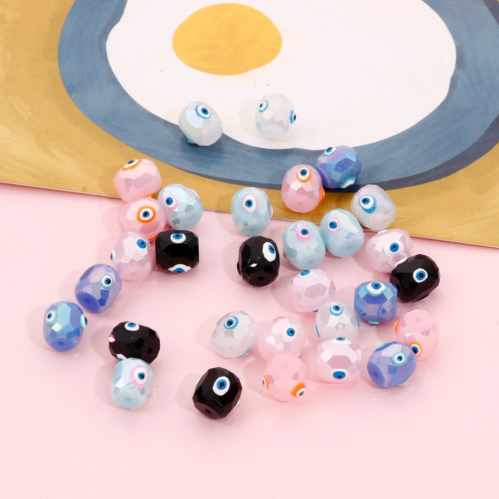 Изображение Стеклянные религия Бисер для изготовления ювелирных украшений "Сделай сам, Бочка Разноцветный Разноцветный Злой Глаз Шлифованый, 8мм x 8мм, Отверстие:примерно 1.2мм, 2 ШТ