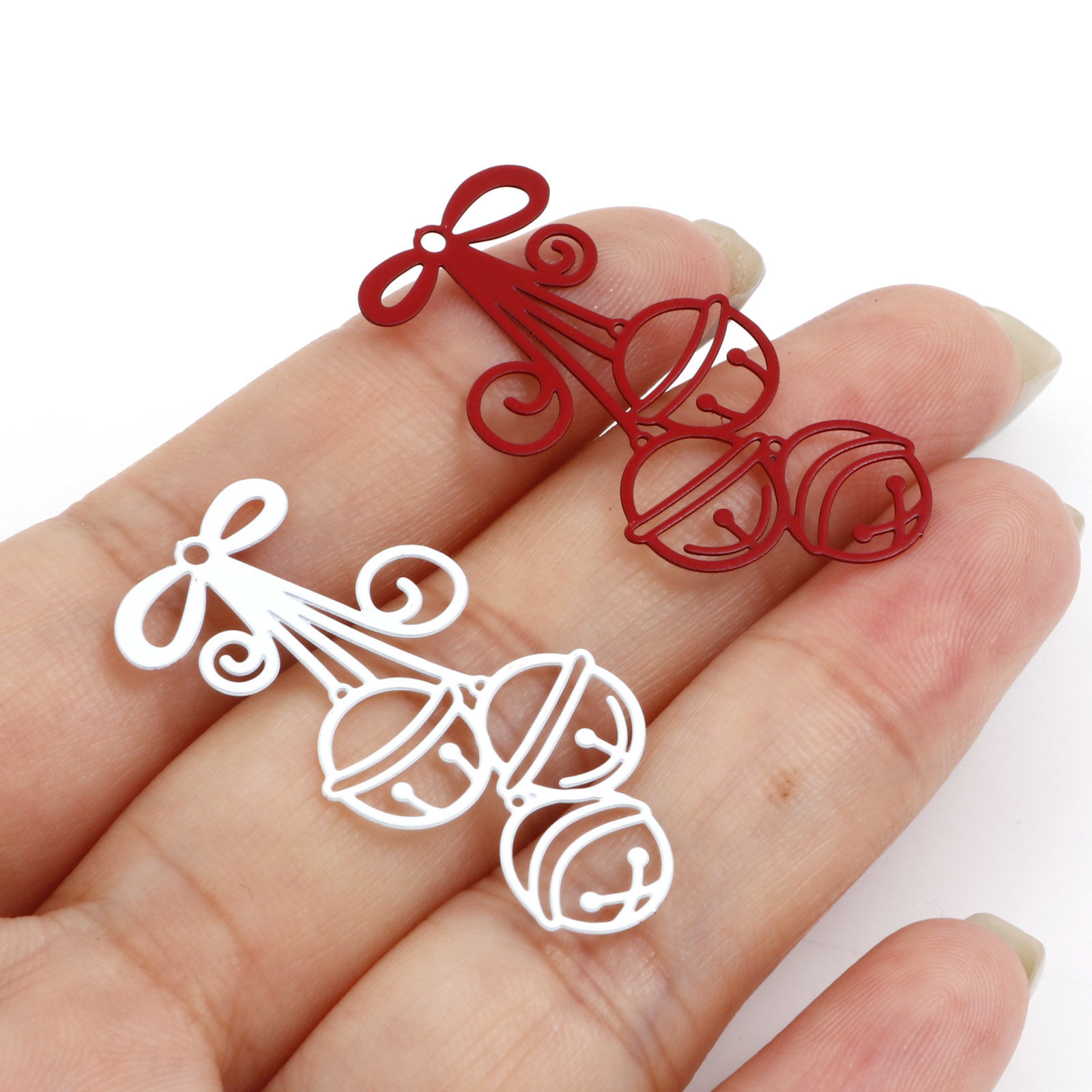 Изображение Железный Сплав(Без Кадмия) Филигранные цветок железа Подвески Рождество Звенят Колокола Разноцветный 3.5см x 1.7см, 10 ШТ