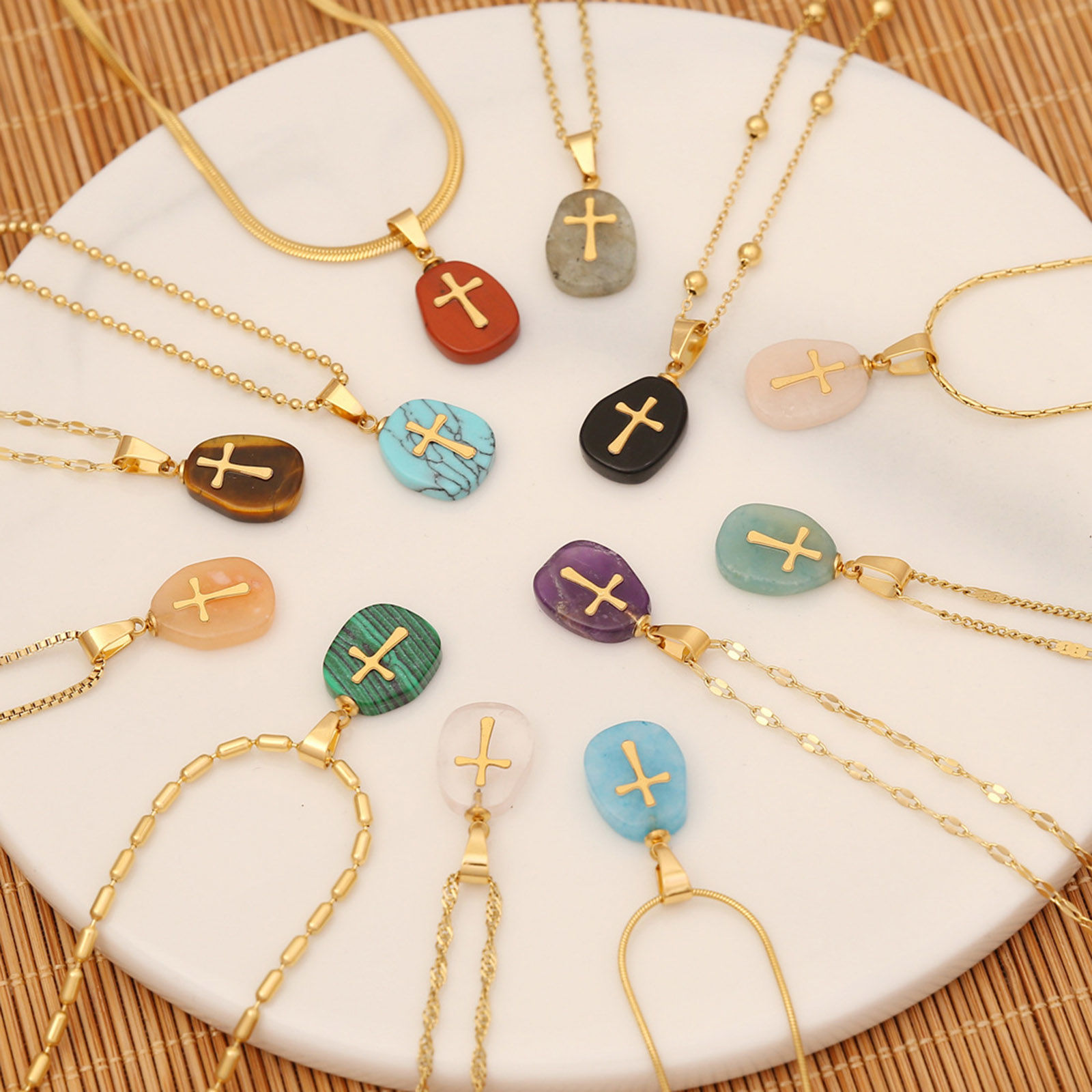 Picture of Eco-friendly 304 Stainless Steel & Gemstone Religious Link Chain Necklace 18K Gold Plated Oval Cross 40cm(15 6/8") long