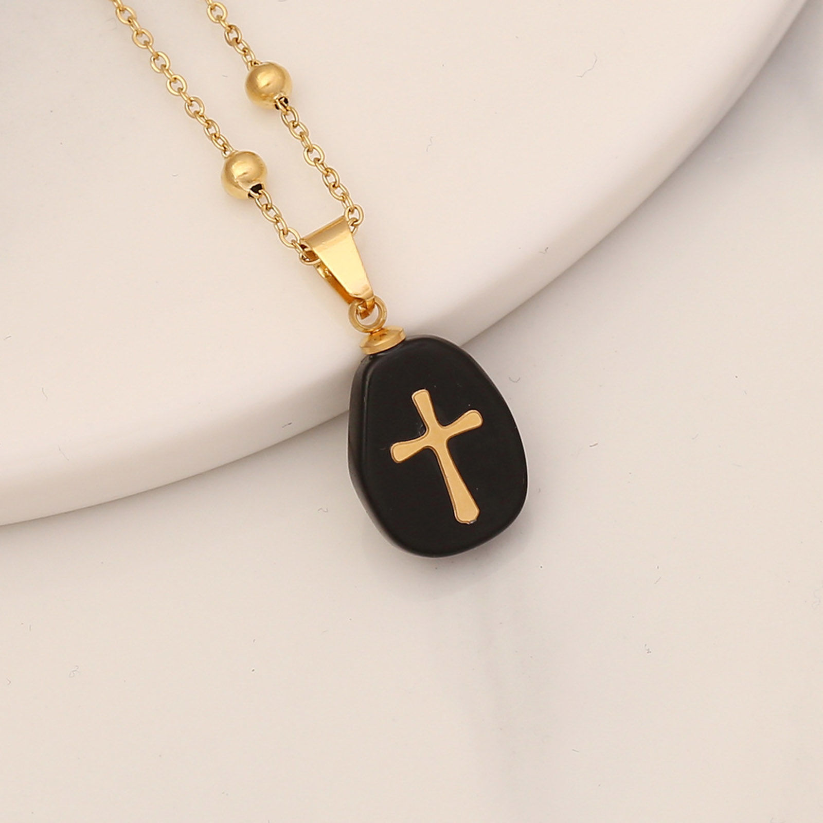 Picture of Eco-friendly 304 Stainless Steel & Gemstone Religious Link Chain Necklace 18K Gold Plated Oval Cross 40cm(15 6/8") long