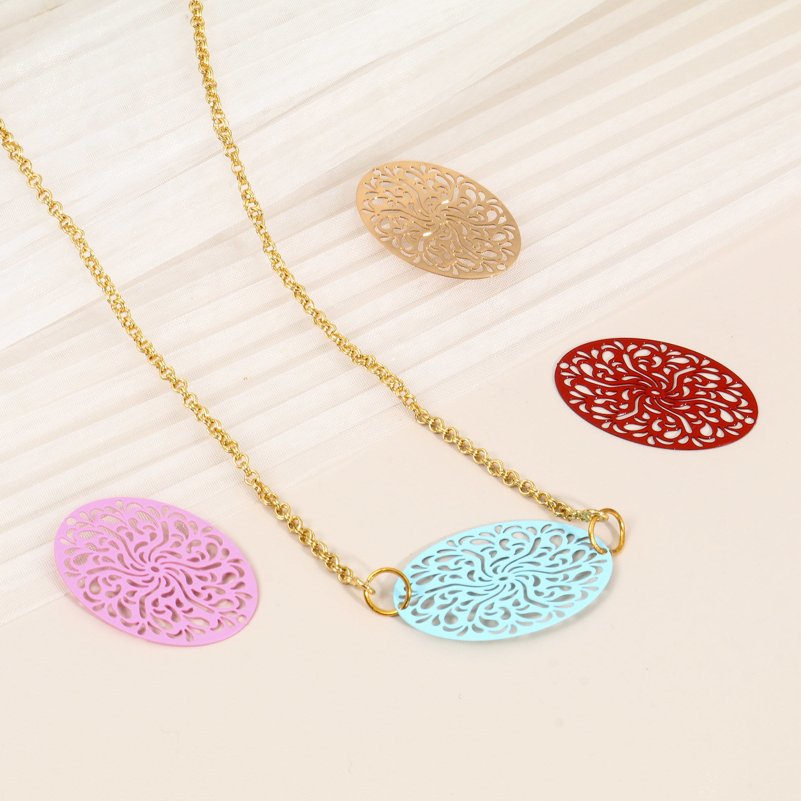 Picture of Iron Based Alloy Filigree Stamping Connectors Oval Multicolor 3.1cm x 2.1cm