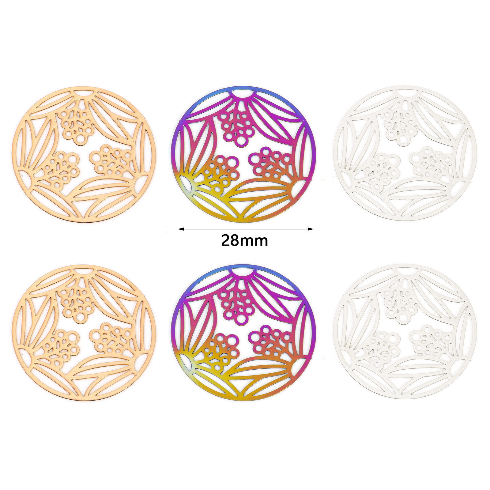 Bild von Filigrane Stanzverbinder aus eisenbasierter Legierung, rund, mehrfarbig, Blatt, 28 mm Durchmesser.