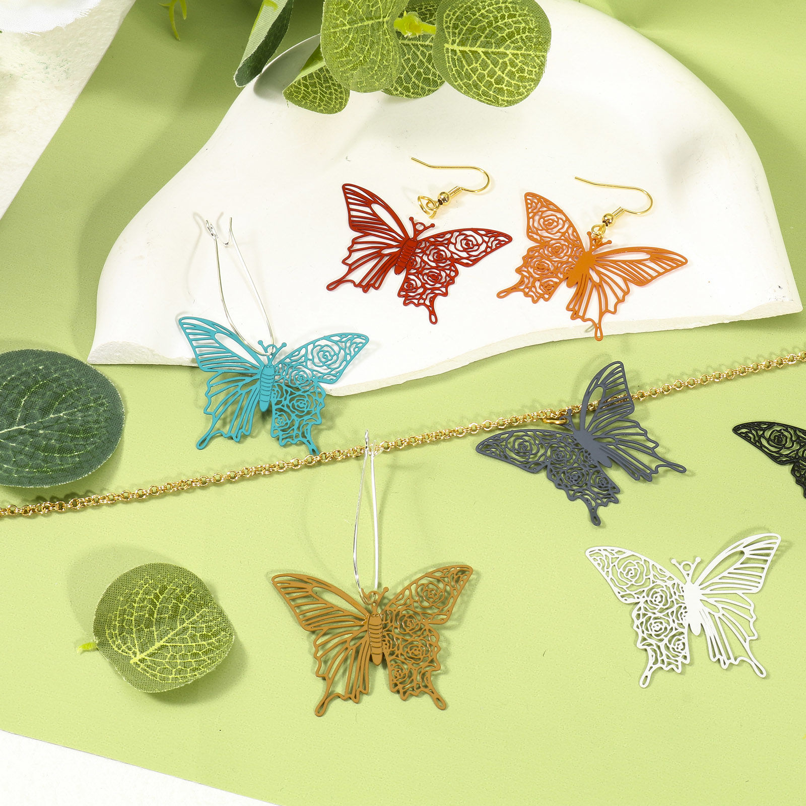 Picture of Iron Based Alloy Insect Filigree Stamping Pendants Multicolor Butterfly Animal Rose Flower 4cm x 3.1cm