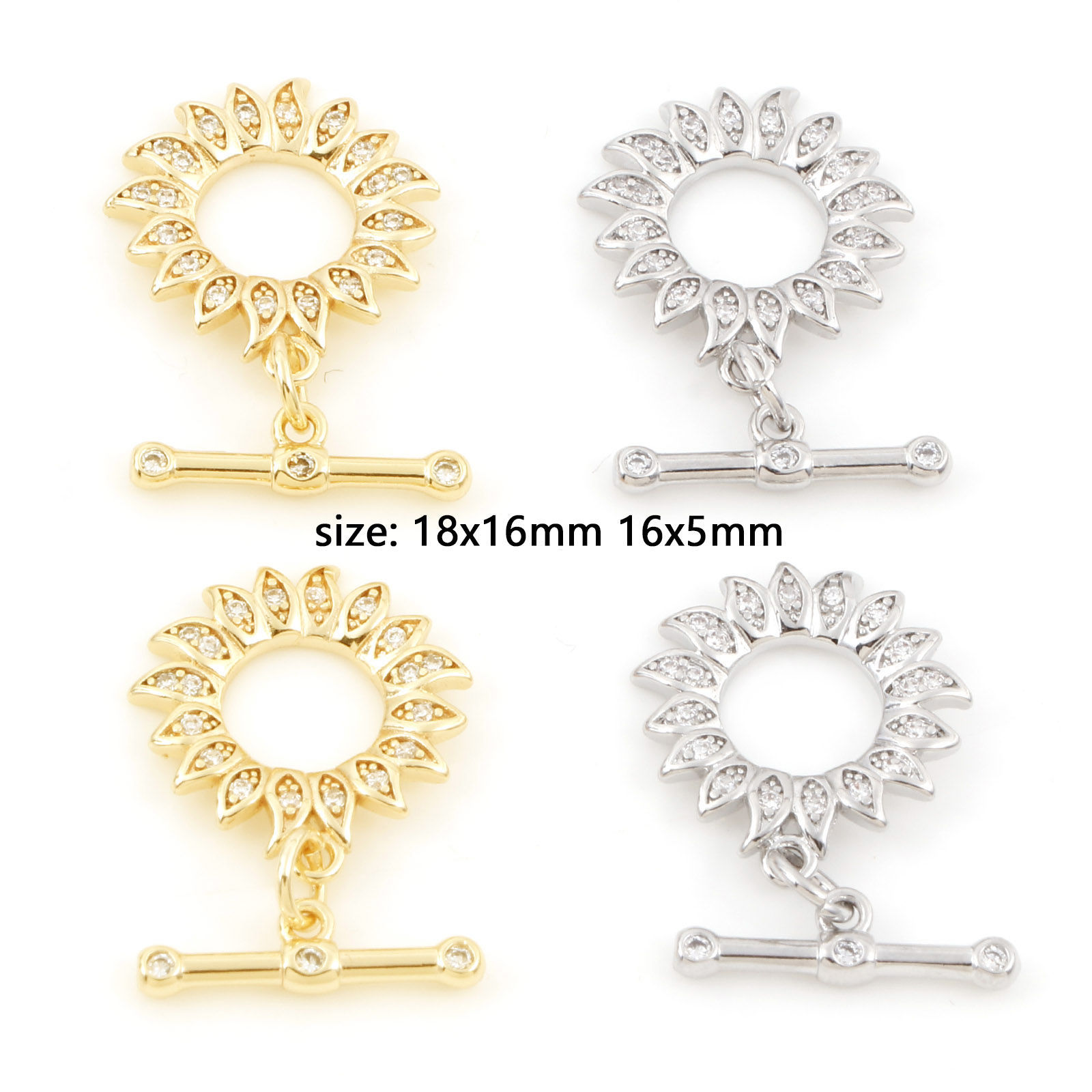 Picture of Brass Toggle Clasps Sunflower Real Gold Plated Micro Pave Clear Cubic Zirconia 18mm x 16mm
