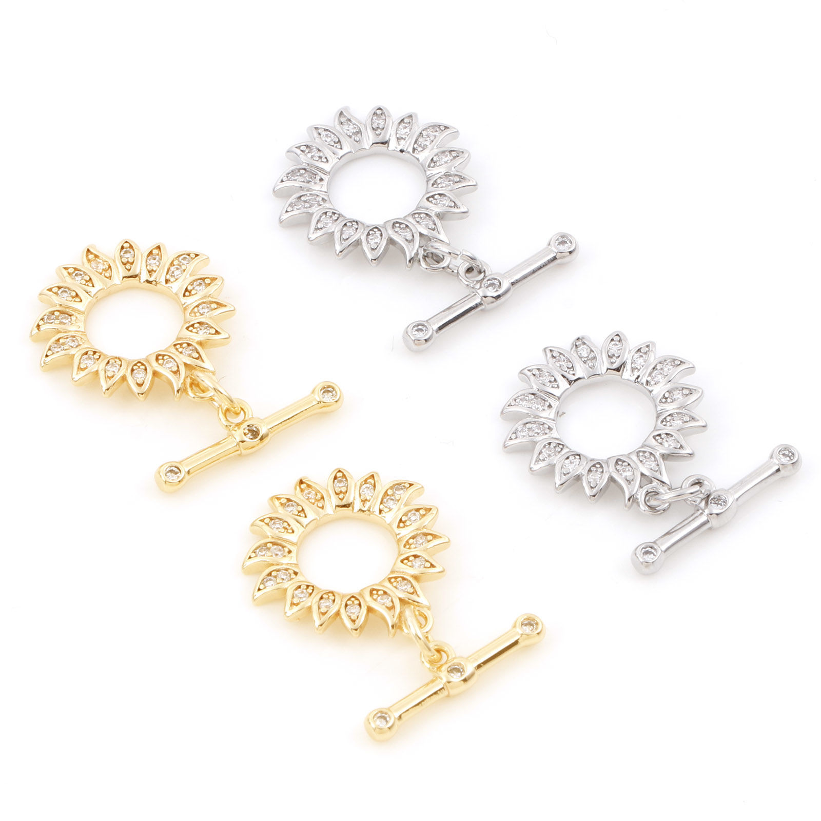 Picture of Brass Toggle Clasps Sunflower Real Gold Plated Micro Pave Clear Cubic Zirconia 18mm x 16mm