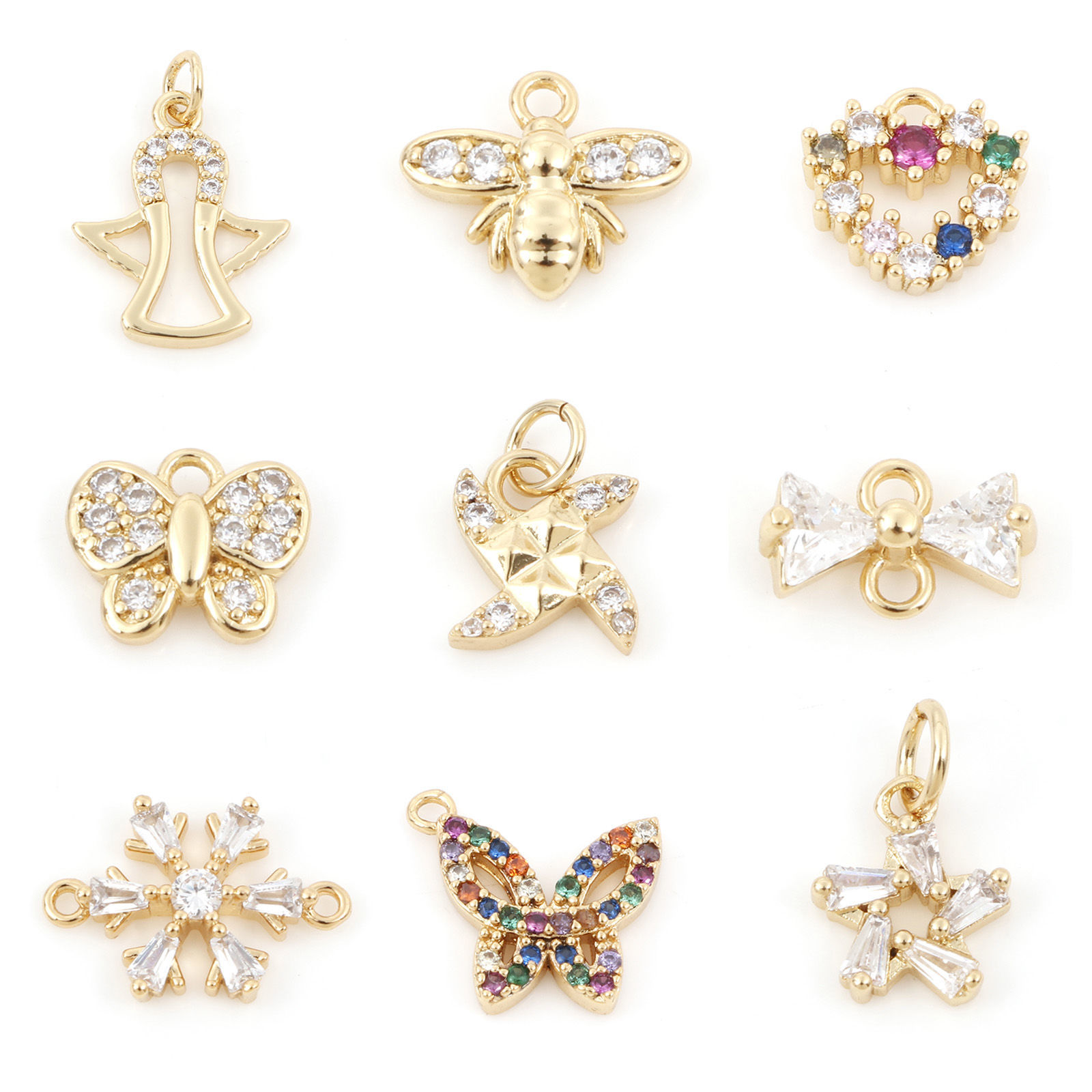 Picture of Brass Charms Gold Plated Multicolor Butterfly Animal Heart Micro Pave Clear Cubic Zirconia