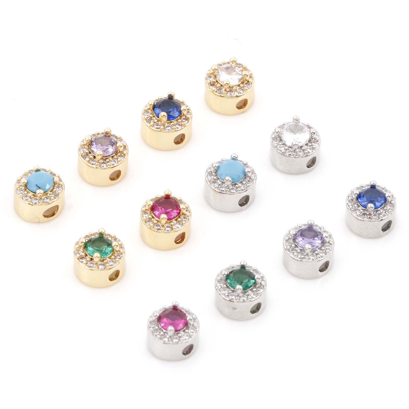 Bild von Messing Abstandshalter Perlen für die DIY-Schmuckherstellung Flachrund Micro Pave Bunt Kubischer Zirkon 7mm Dia., Loch: ca. 1.6mm, 1 Stück