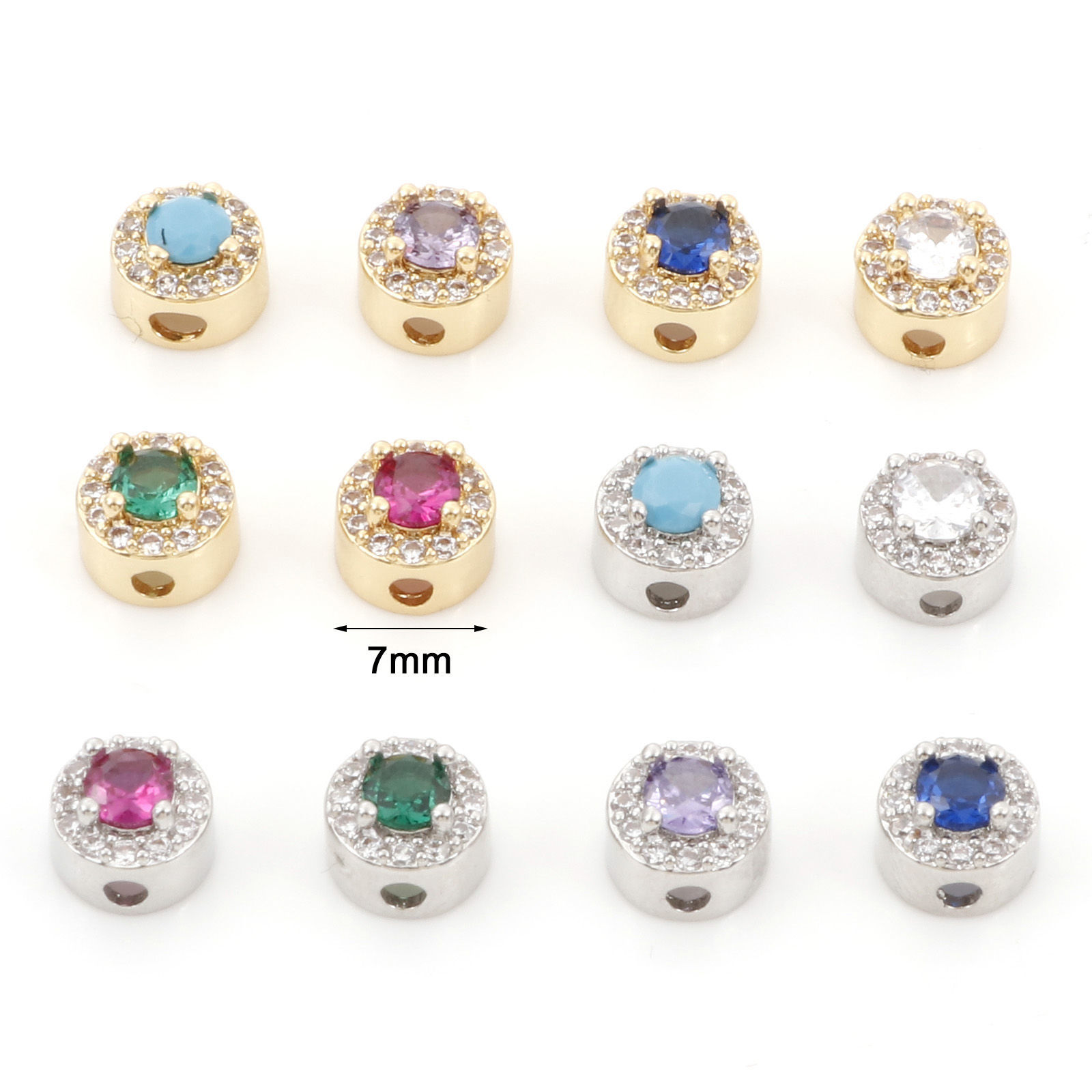 Bild von Messing Abstandshalter Perlen für die DIY-Schmuckherstellung Flachrund Micro Pave Bunt Kubischer Zirkon 7mm Dia., Loch: ca. 1.6mm, 1 Stück
