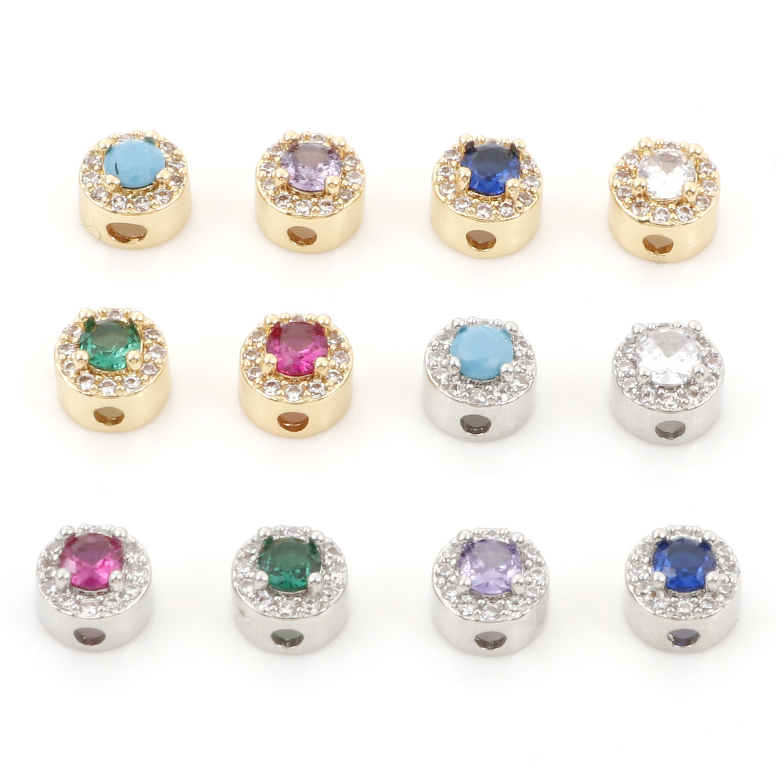 Bild von Messing Abstandshalter Perlen für die DIY-Schmuckherstellung Flachrund Micro Pave Bunt Kubischer Zirkon 7mm Dia., Loch: ca. 1.6mm, 1 Stück