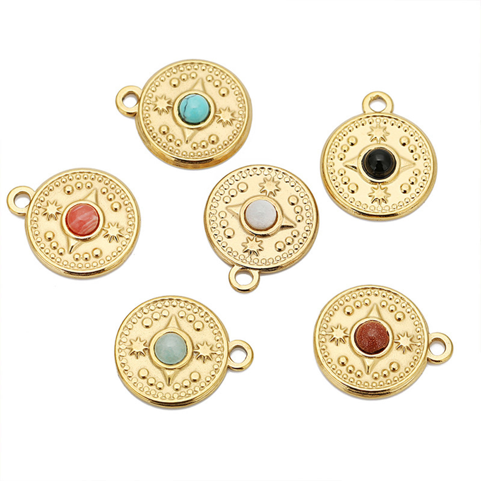 Imagen de Enchapado al Vacío Ecológico 304 Acero Inoxidable & Gema Bohemia Colgantes Charms Ronda 18k Chapado en Oro Multicolor Brújula 18mm Diámetro, 1 Unidad