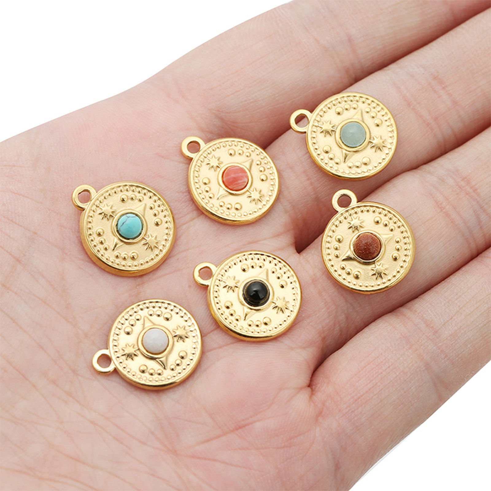 Imagen de Enchapado al Vacío Ecológico 304 Acero Inoxidable & Gema Bohemia Colgantes Charms Ronda 18k Chapado en Oro Multicolor Brújula 18mm Diámetro, 1 Unidad
