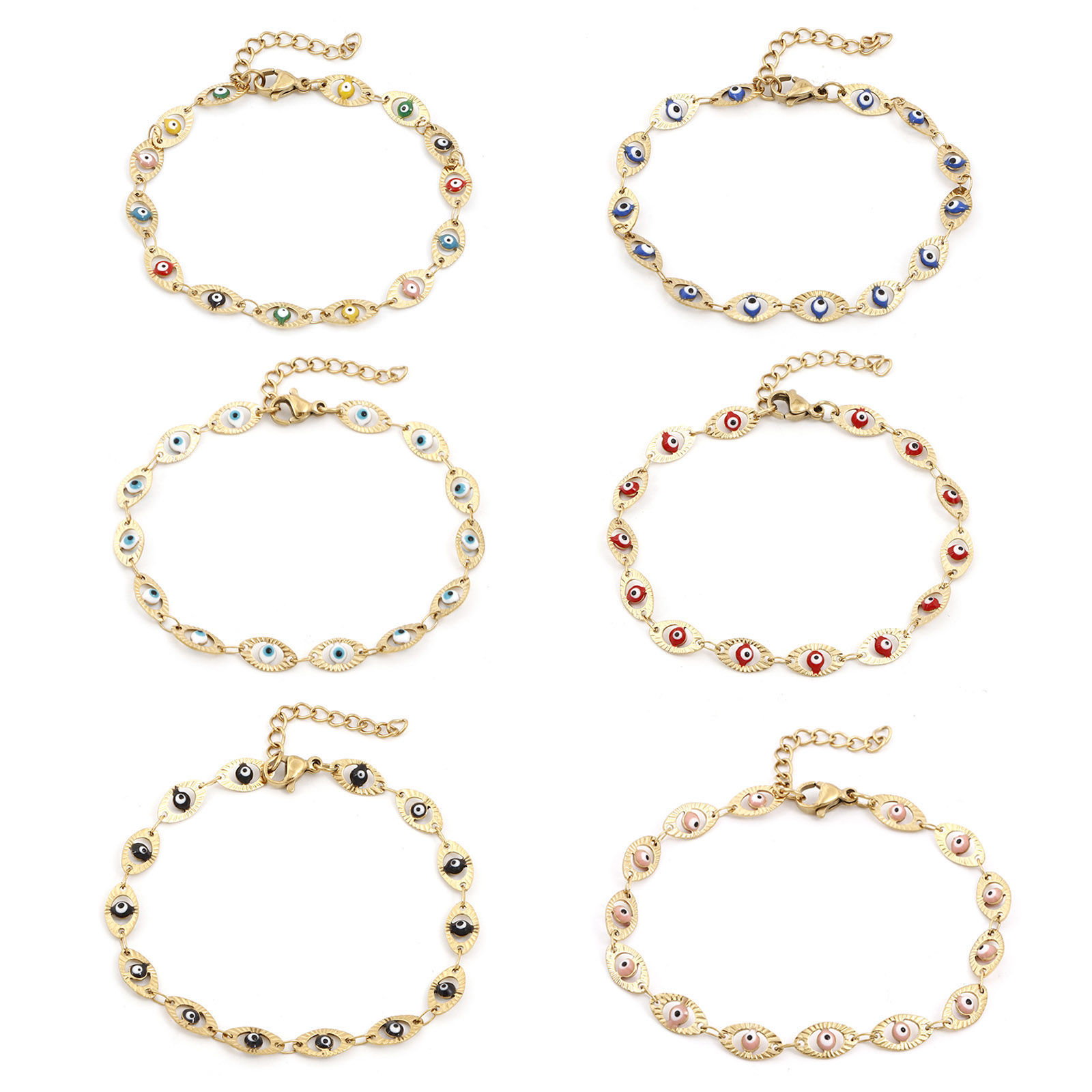 Picture of Eco-friendly Vacuum Plating 304 Stainless Steel Religious Handmade Link Chain Bracelets 18K Gold Plated Multicolor Evil Eye Enamel 17.5cm(6 7/8") long