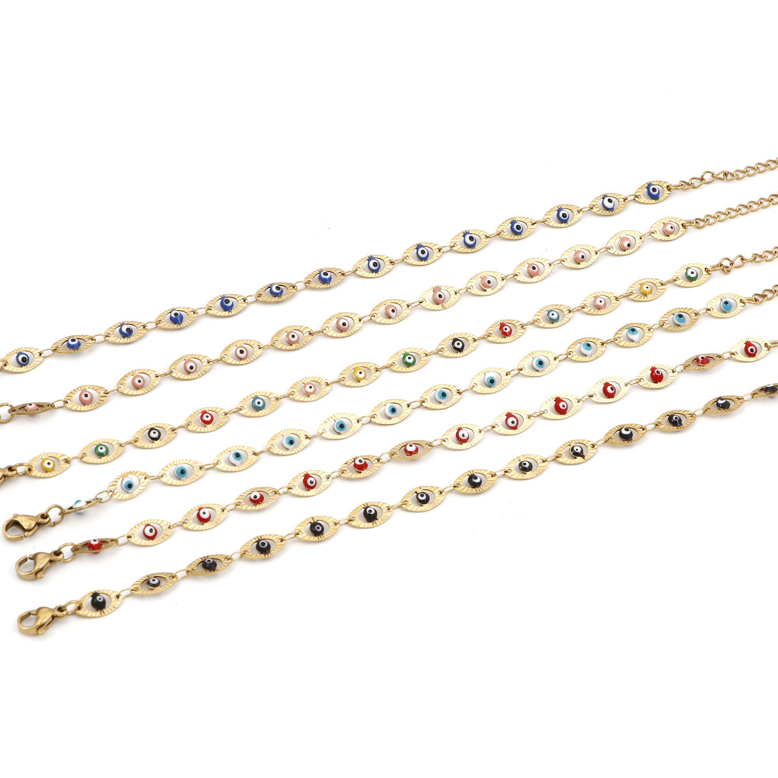 Picture of Eco-friendly Vacuum Plating 304 Stainless Steel Religious Handmade Link Chain Bracelets 18K Gold Plated Multicolor Evil Eye Enamel 17.5cm(6 7/8") long