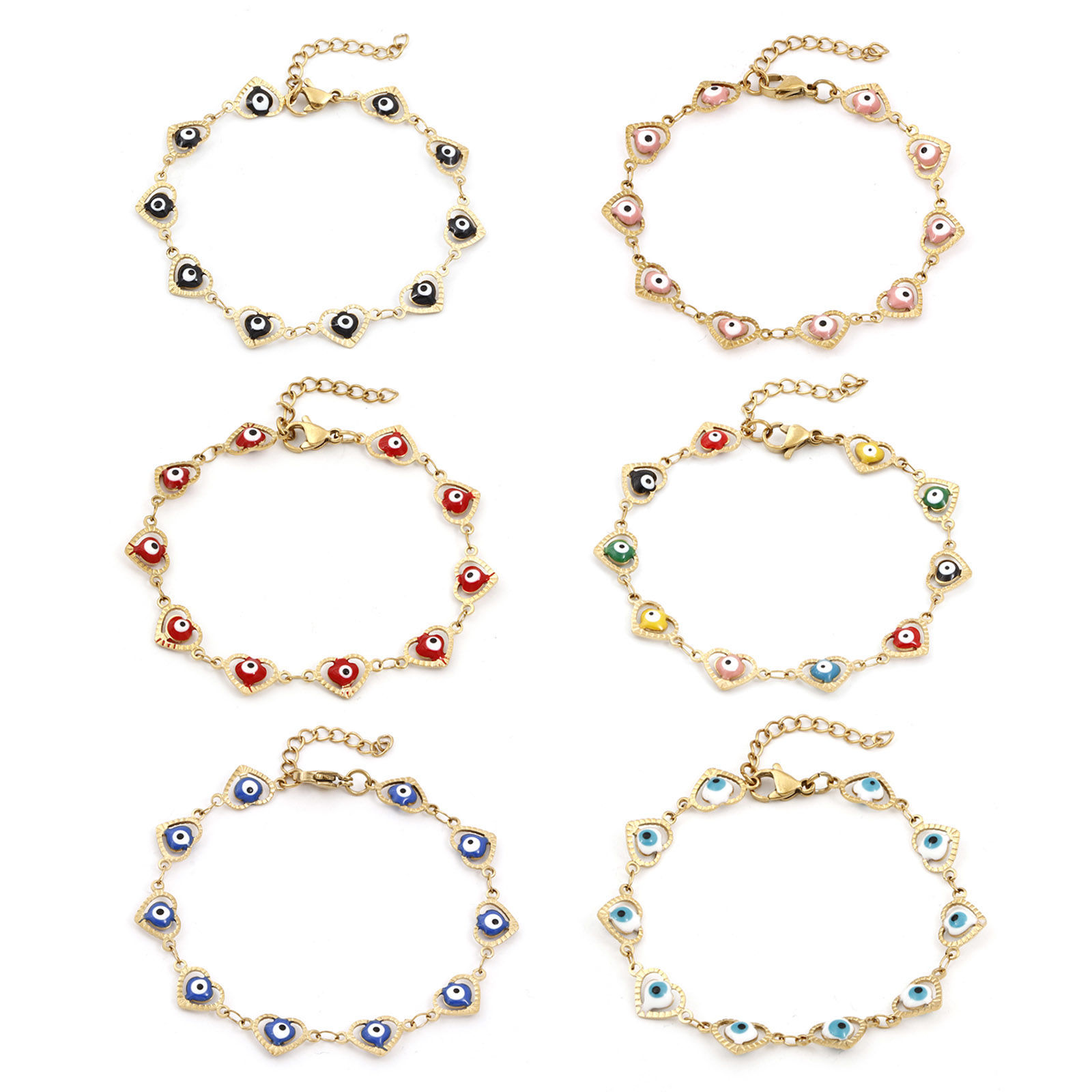 Picture of Eco-friendly Vacuum Plating 304 Stainless Steel Religious Handmade Link Chain Bracelets 18K Gold Plated Multicolor Heart Evil Eye Enamel 17.5cm(6 7/8") long