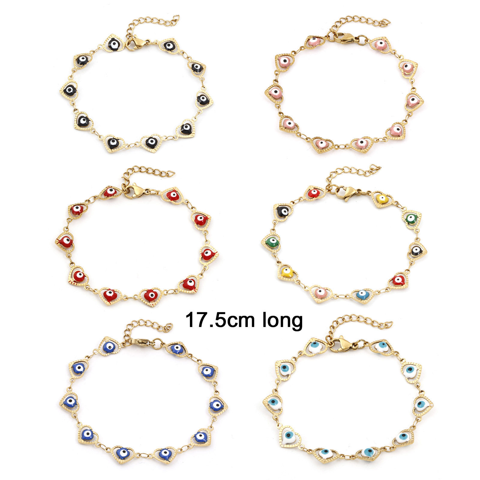 Picture of Eco-friendly Vacuum Plating 304 Stainless Steel Religious Handmade Link Chain Bracelets 18K Gold Plated Multicolor Heart Evil Eye Enamel 17.5cm(6 7/8") long