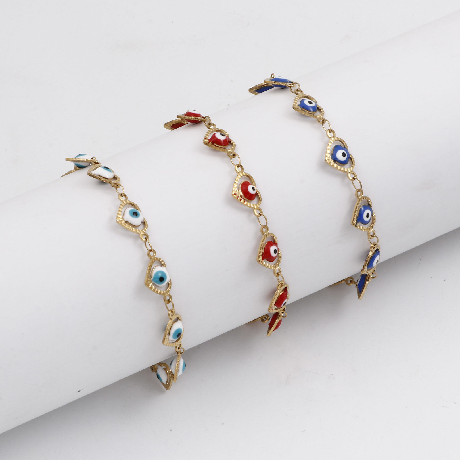 Picture of Eco-friendly Vacuum Plating 304 Stainless Steel Religious Handmade Link Chain Bracelets 18K Gold Plated Multicolor Heart Evil Eye Enamel 17.5cm(6 7/8") long