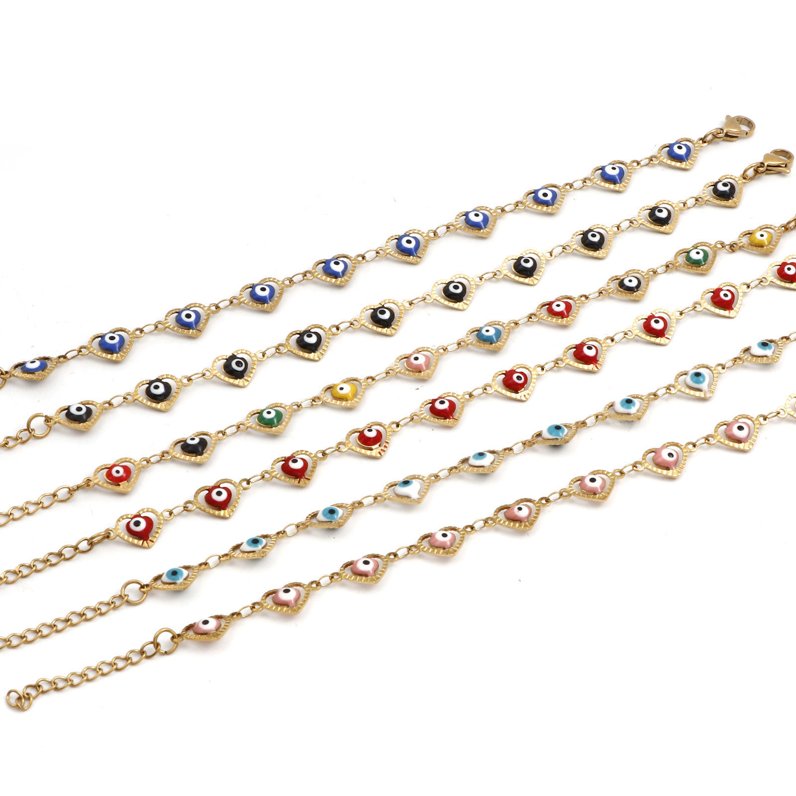 Picture of Eco-friendly Vacuum Plating 304 Stainless Steel Religious Handmade Link Chain Bracelets 18K Gold Plated Multicolor Heart Evil Eye Enamel 17.5cm(6 7/8") long