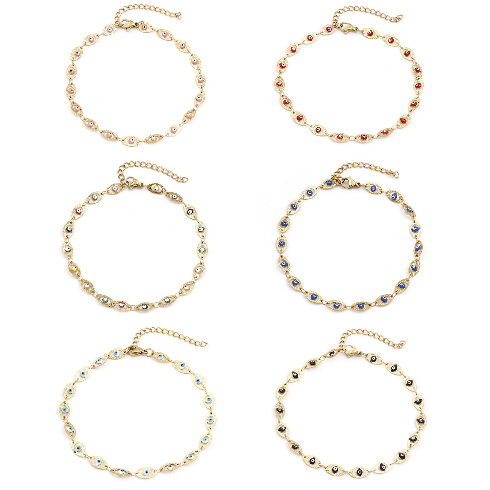 Imagen de 1 Unidad Enchapado al Vacío 304 Acero Inoxidable Religión Cadena de Eslabones Hechos a Mano Tobilleras Chapado en Oro de 18K Multicolor Esmalte Mal de ojo 22cm longitud