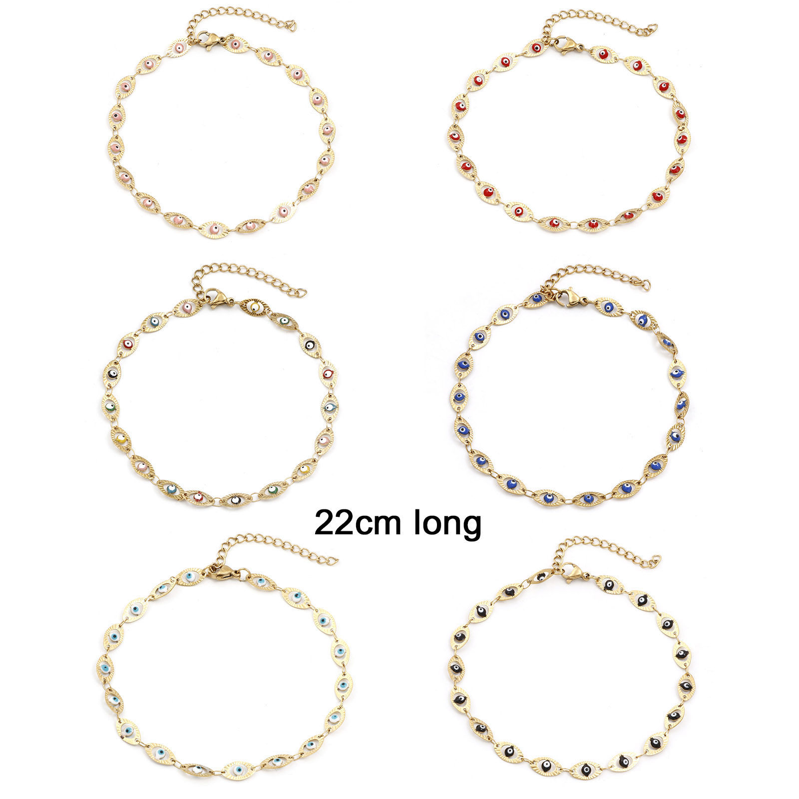 Imagen de 1 Unidad Enchapado al Vacío 304 Acero Inoxidable Religión Cadena de Eslabones Hechos a Mano Tobilleras Chapado en Oro de 18K Multicolor Esmalte Mal de ojo 22cm longitud