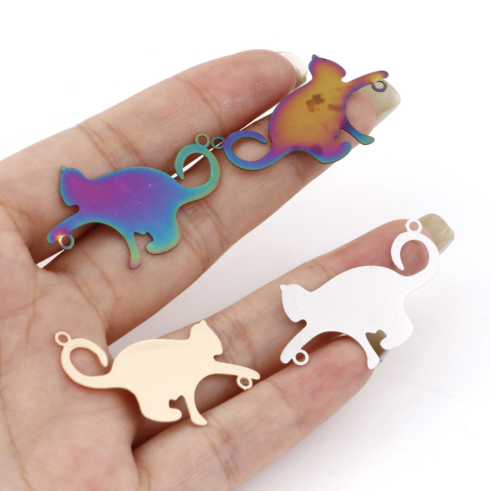 Picture of Iron Based Alloy Filigree Stamping Connectors Charms Pendants Multicolor Cat Animal 3.5cm x 2.1cm