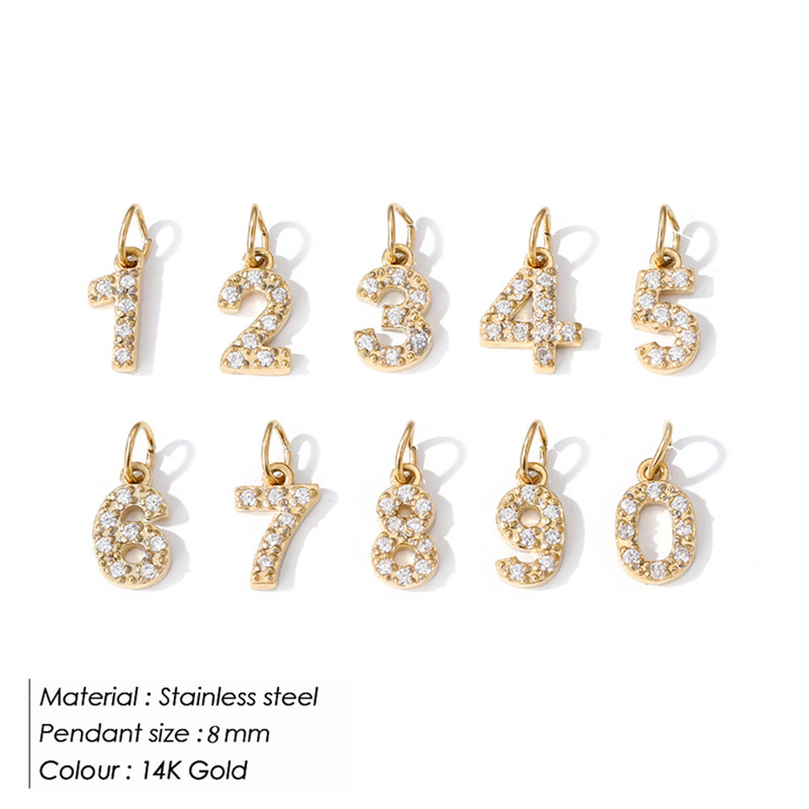 Bild von Umweltfreundliche PVD-Vakuumbeschichtung 304 Edelstahl Charms Großbuchstaben 14K Vergoldet Zahl Micro Pave 8mm