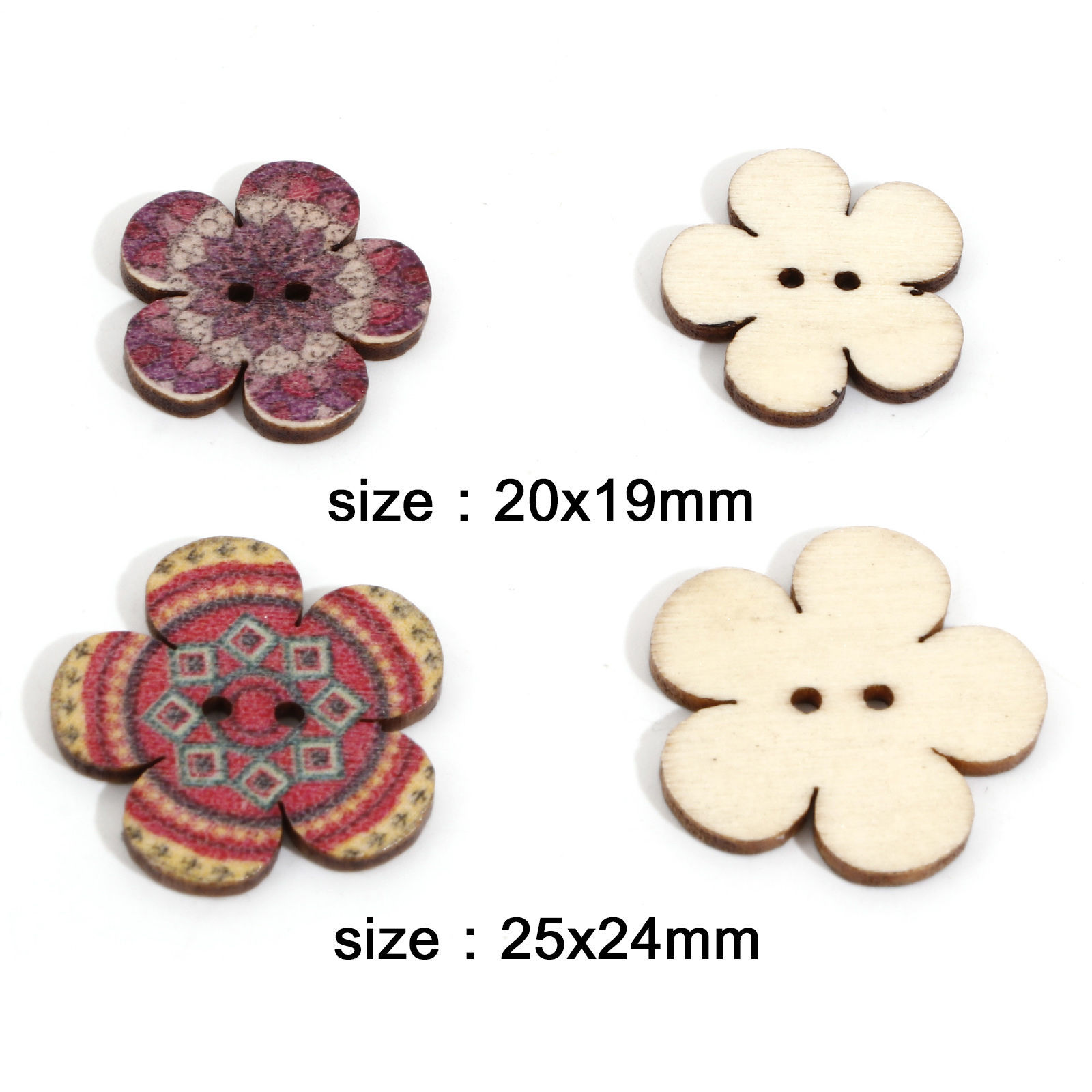Image de Bouton de Couture en Bois Naturel Ethnique 2 Trous Fleur Couleur au Hasard au Hasard 50 Pcs