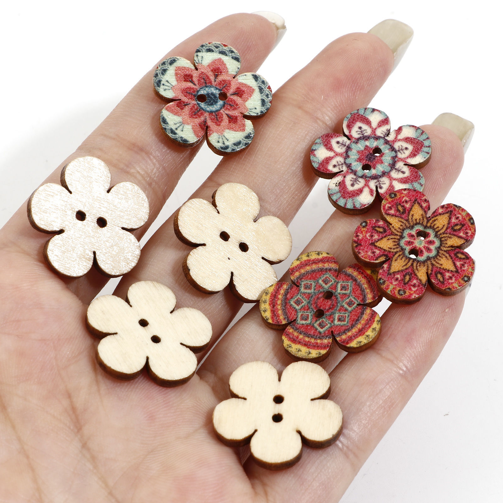 Image de Bouton de Couture en Bois Naturel Ethnique 2 Trous Fleur Couleur au Hasard au Hasard 50 Pcs