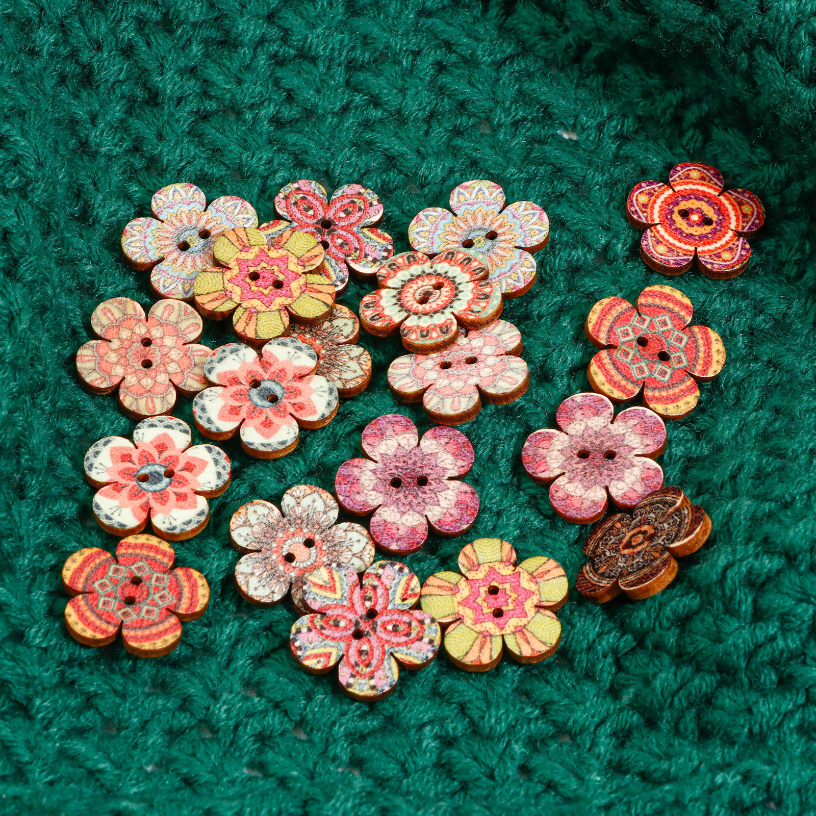 Image de Bouton de Couture en Bois Naturel Ethnique 2 Trous Fleur Couleur au Hasard au Hasard 50 Pcs