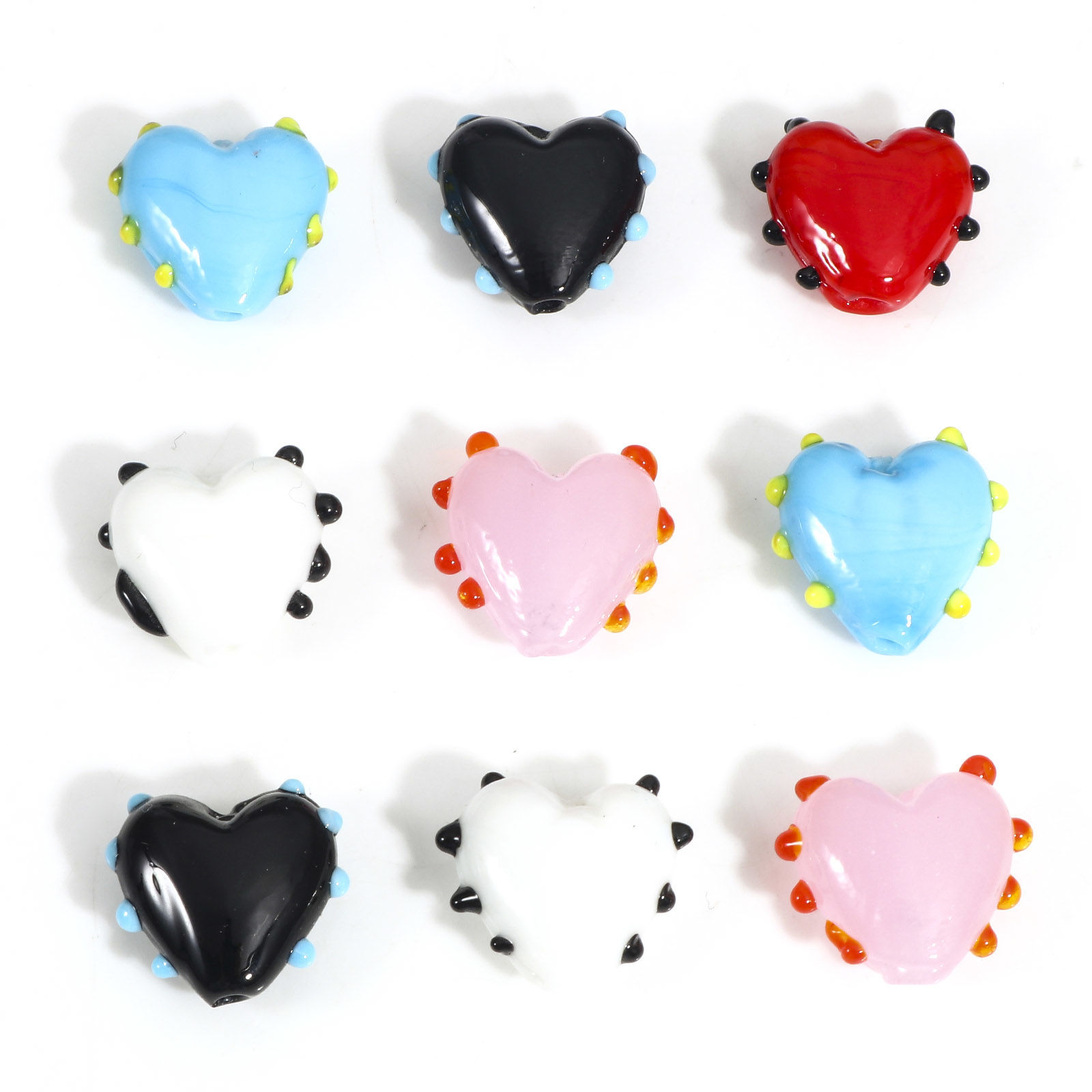 Picture of Lampwork Glass Valentine's Day Beads For DIY Jewelry Making Heart Multicolor Dot Enamel About 16mm x 16mm