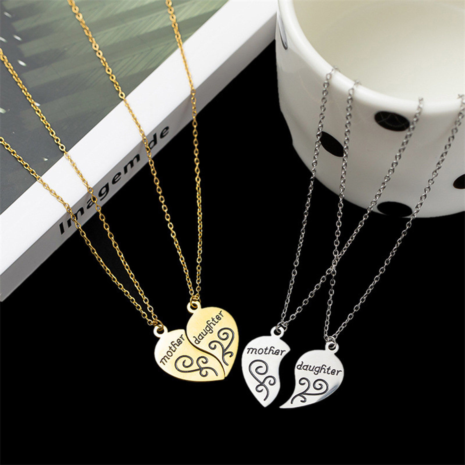 Imagen de Respetuoso del Medio Ambiente 304 Acero Inoxidable Día De La Madre Cable Cadena Cruz Collares Multicolor Corazón Roto Mensaje " Mother & Daughter " 42cm longitud, 1 Unidad