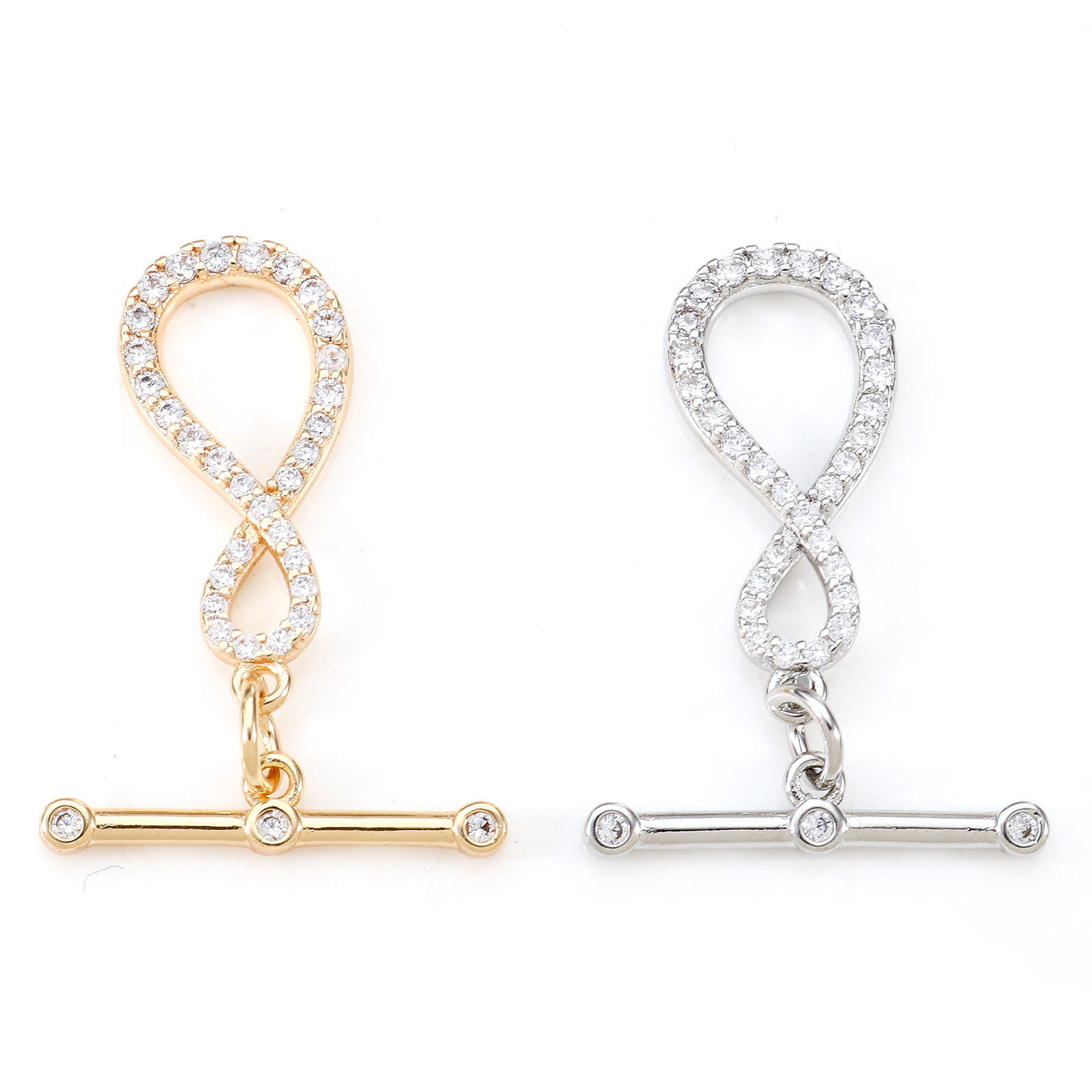 Picture of Brass Toggle Clasps Infinity Symbol Real Gold Plated Micro Pave Clear Cubic Zirconia 22mm x 10mm