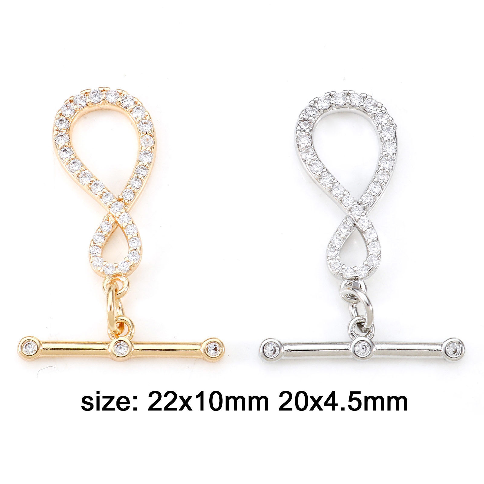 Picture of Brass Toggle Clasps Infinity Symbol Real Gold Plated Micro Pave Clear Cubic Zirconia 22mm x 10mm