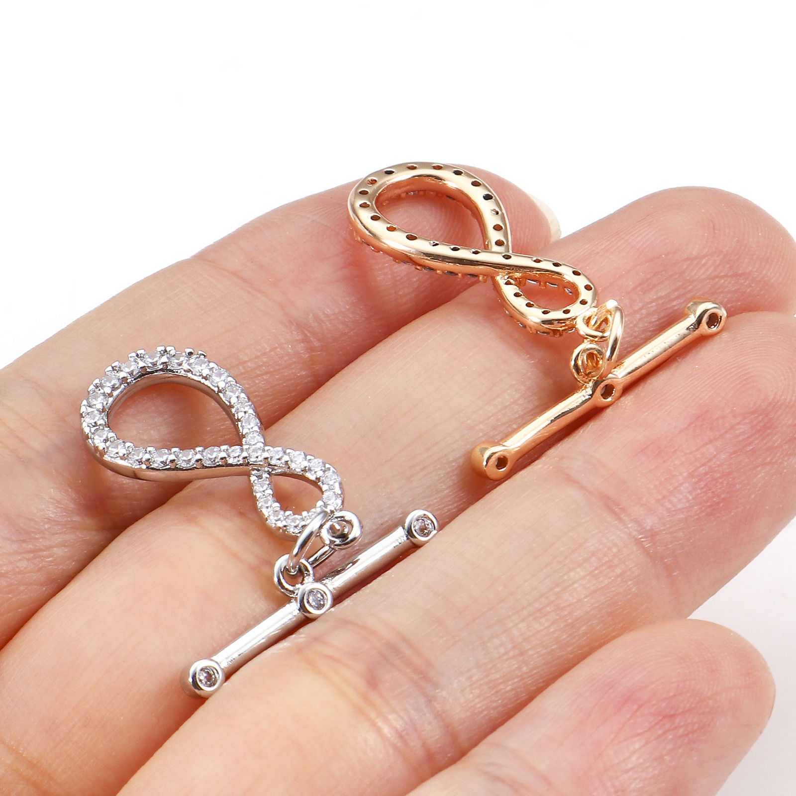 Picture of Brass Toggle Clasps Infinity Symbol Real Gold Plated Micro Pave Clear Cubic Zirconia 22mm x 10mm