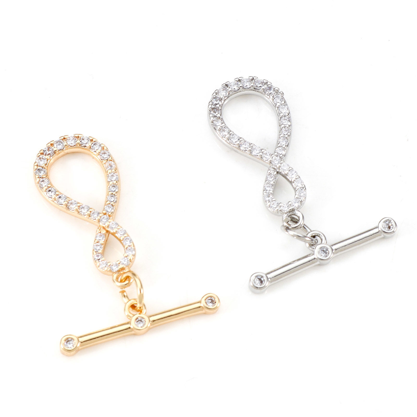 Picture of Brass Toggle Clasps Infinity Symbol Real Gold Plated Micro Pave Clear Cubic Zirconia 22mm x 10mm
