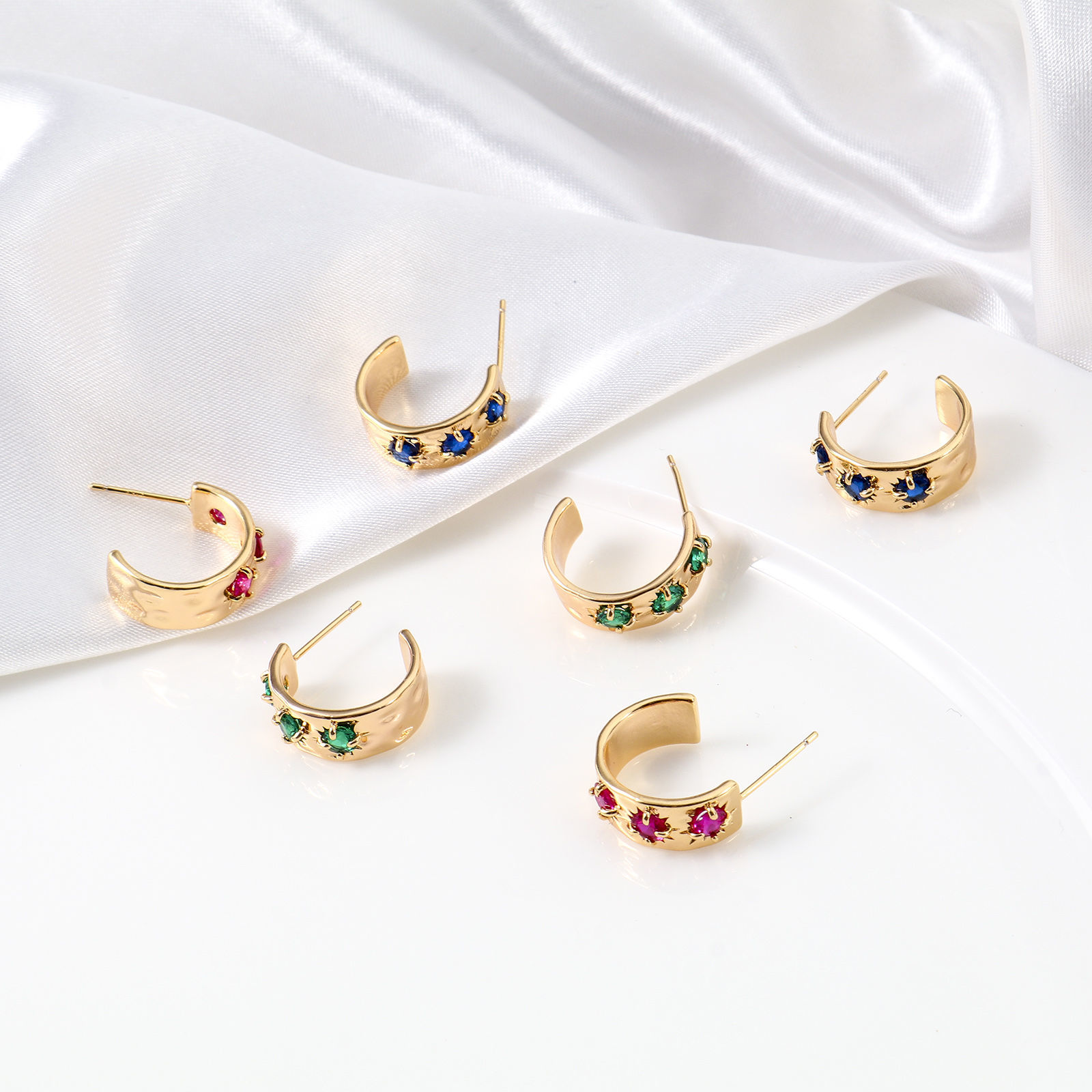 Picture of Copper Hoop Earrings C Shape 18K Real Gold Plated Multicolour Cubic Zirconia 17mm x 6.5mm