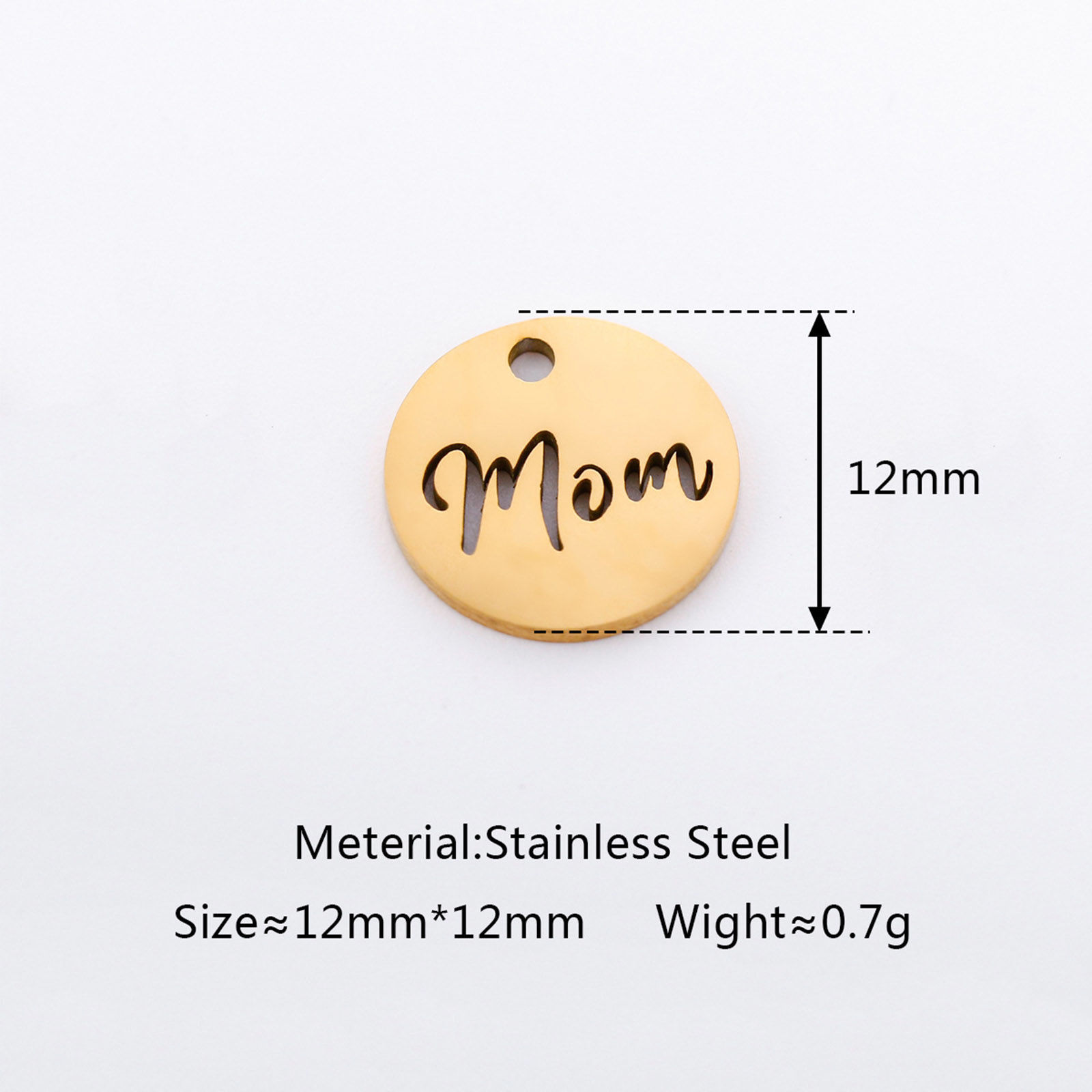 Image de Breloques en 304 Acier Inoxydable Respectueux de la Nature Fête des Mères Rond Multicolore Gravé Mots" Mom " Creux 12mm Dia., 5 Pcs