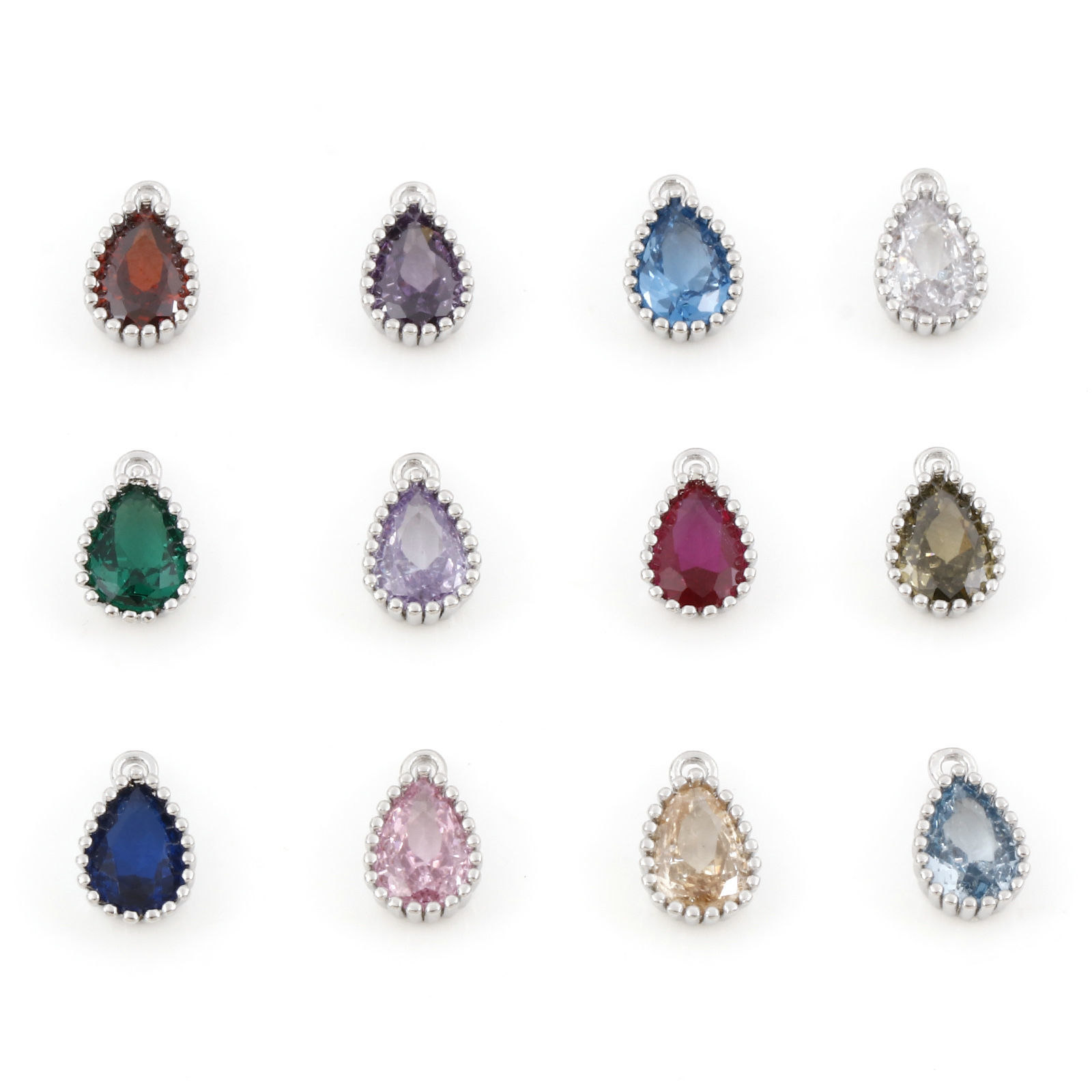 Picture of Brass Birthstone Charms Real Platinum Plated Drop Multicolour Cubic Zirconia 8.5mm x 5mm