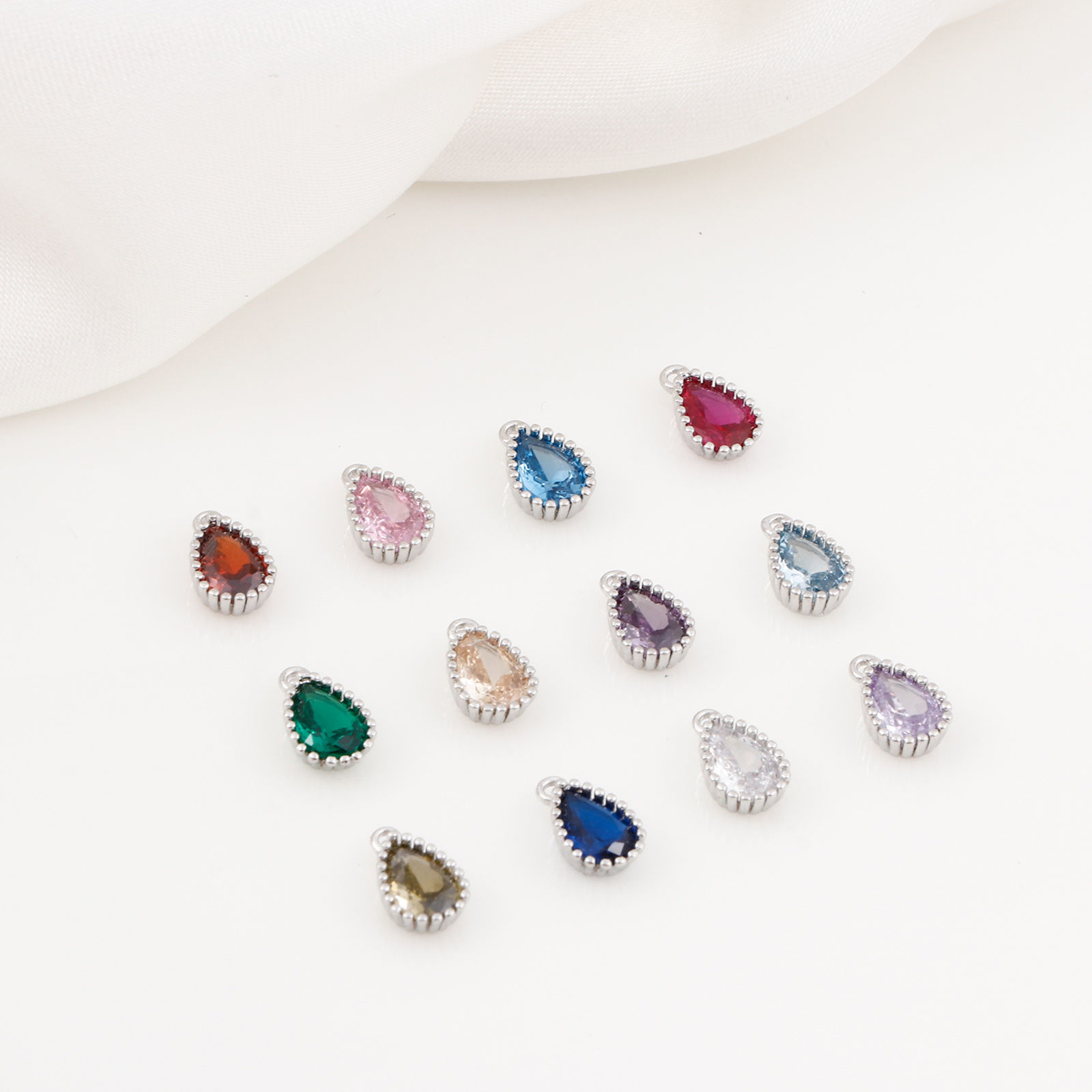 Picture of Brass Birthstone Charms Real Platinum Plated Drop Multicolour Cubic Zirconia 8.5mm x 5mm