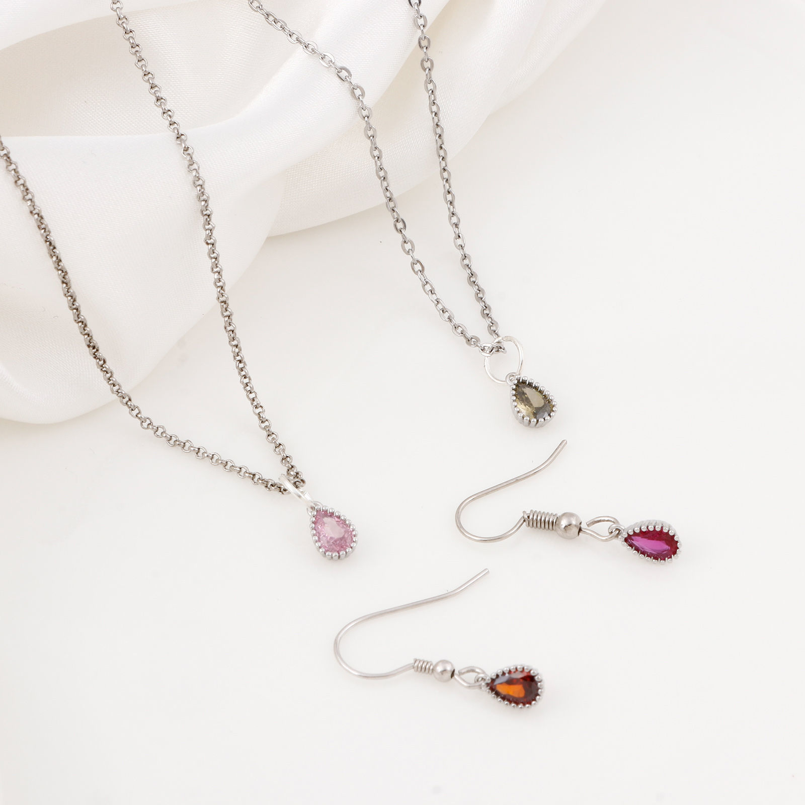 Picture of Brass Birthstone Charms Real Platinum Plated Drop Multicolour Cubic Zirconia 8.5mm x 5mm