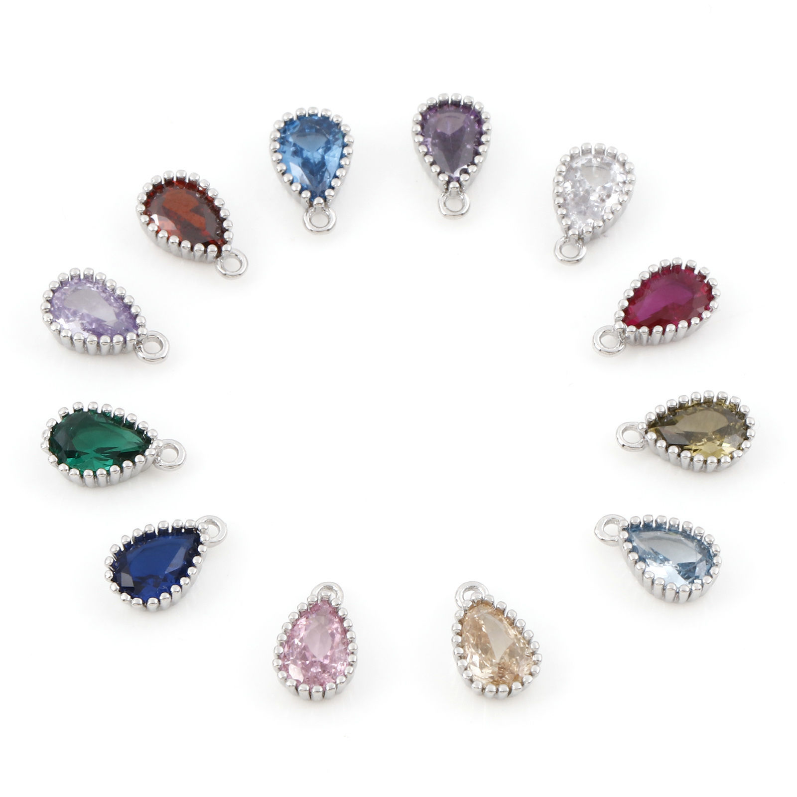 Picture of Brass Birthstone Charms Real Platinum Plated Drop Multicolour Cubic Zirconia 8.5mm x 5mm