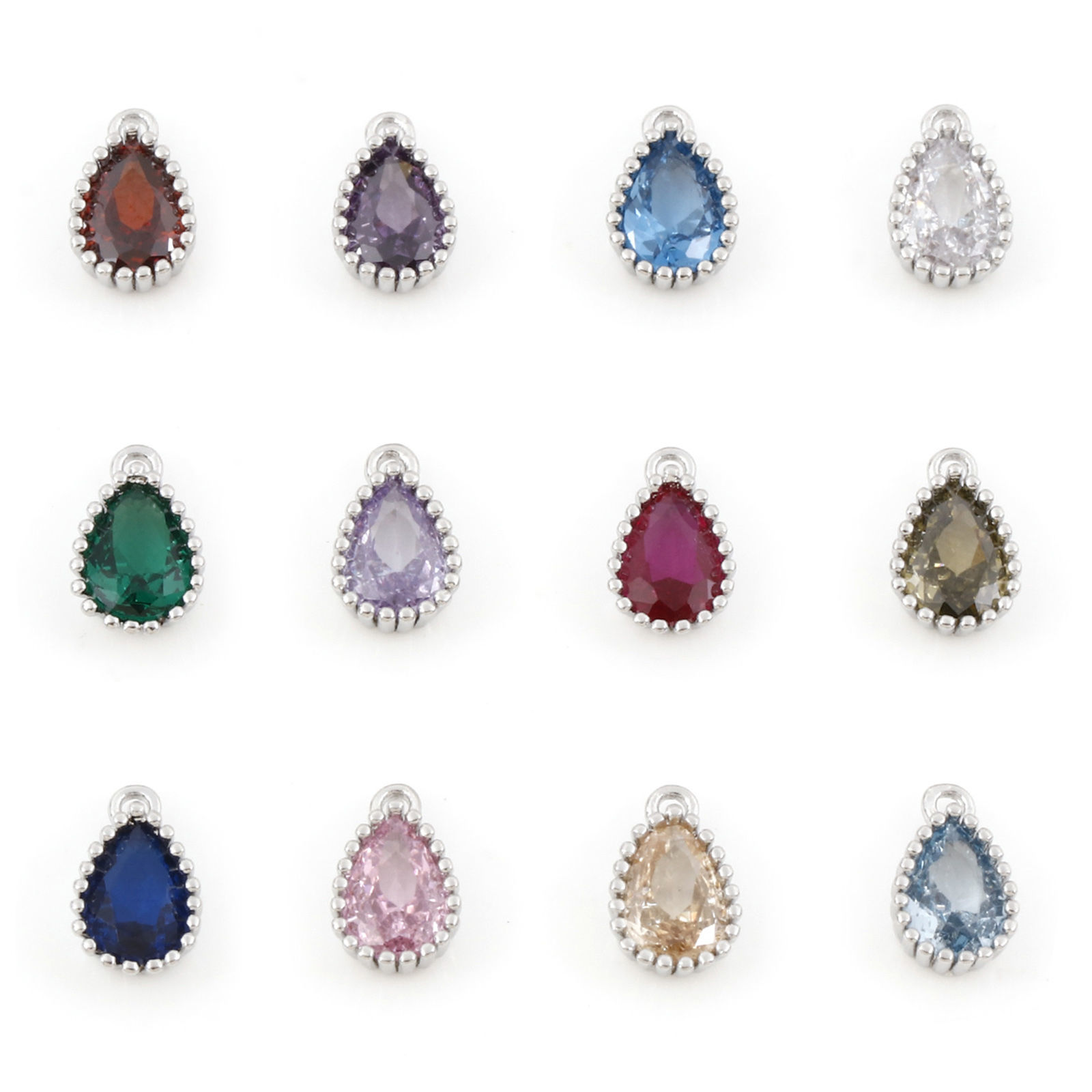 Picture of Brass Birthstone Charms Real Platinum Plated Drop Multicolour Cubic Zirconia 8.5mm x 5mm