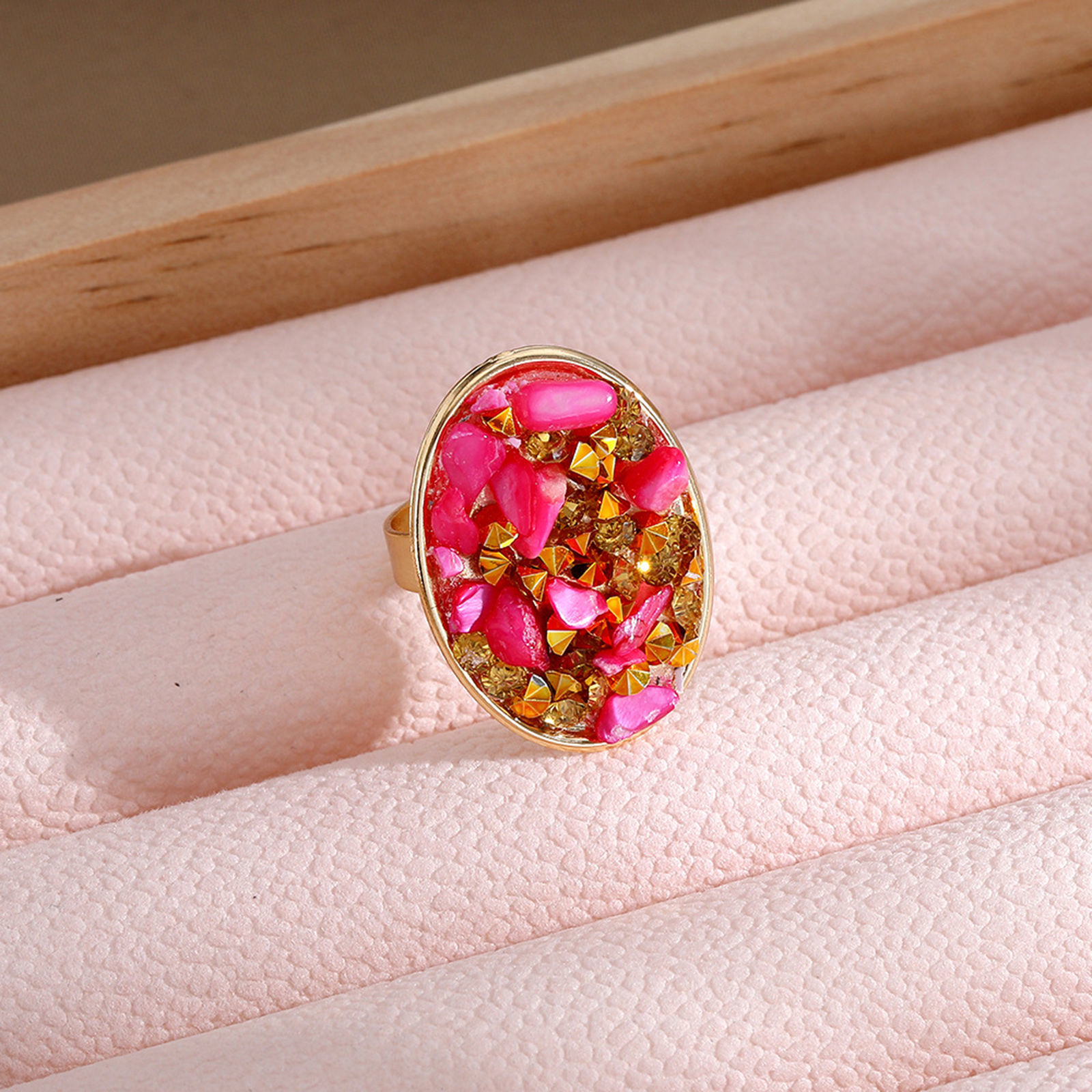 Imagen de Bohemia Abierto Anillos Chapado en Oro Multicolor Astillas de Grava Óvalo 1 Unidad