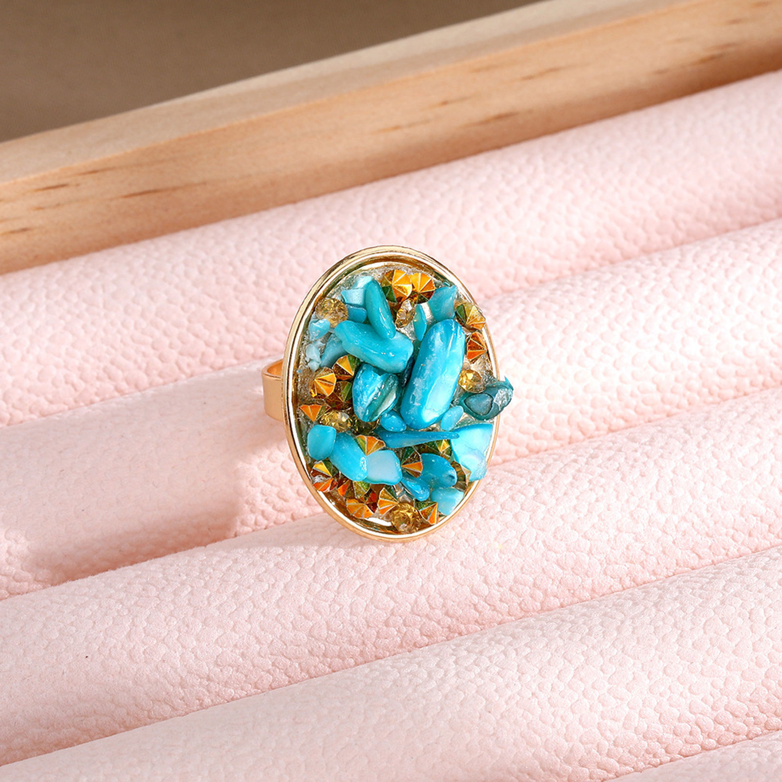 Imagen de Bohemia Abierto Anillos Chapado en Oro Multicolor Astillas de Grava Óvalo 1 Unidad