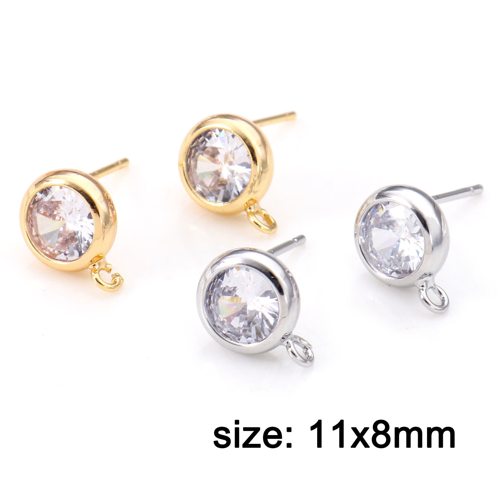 Imagen de Latón Pendientes Oro Real Chapado Ronda Con Lazo Claro Circón Artificial 11mm x 8mm, Post/ Wire Size: (21 gauge), 2 Unidades